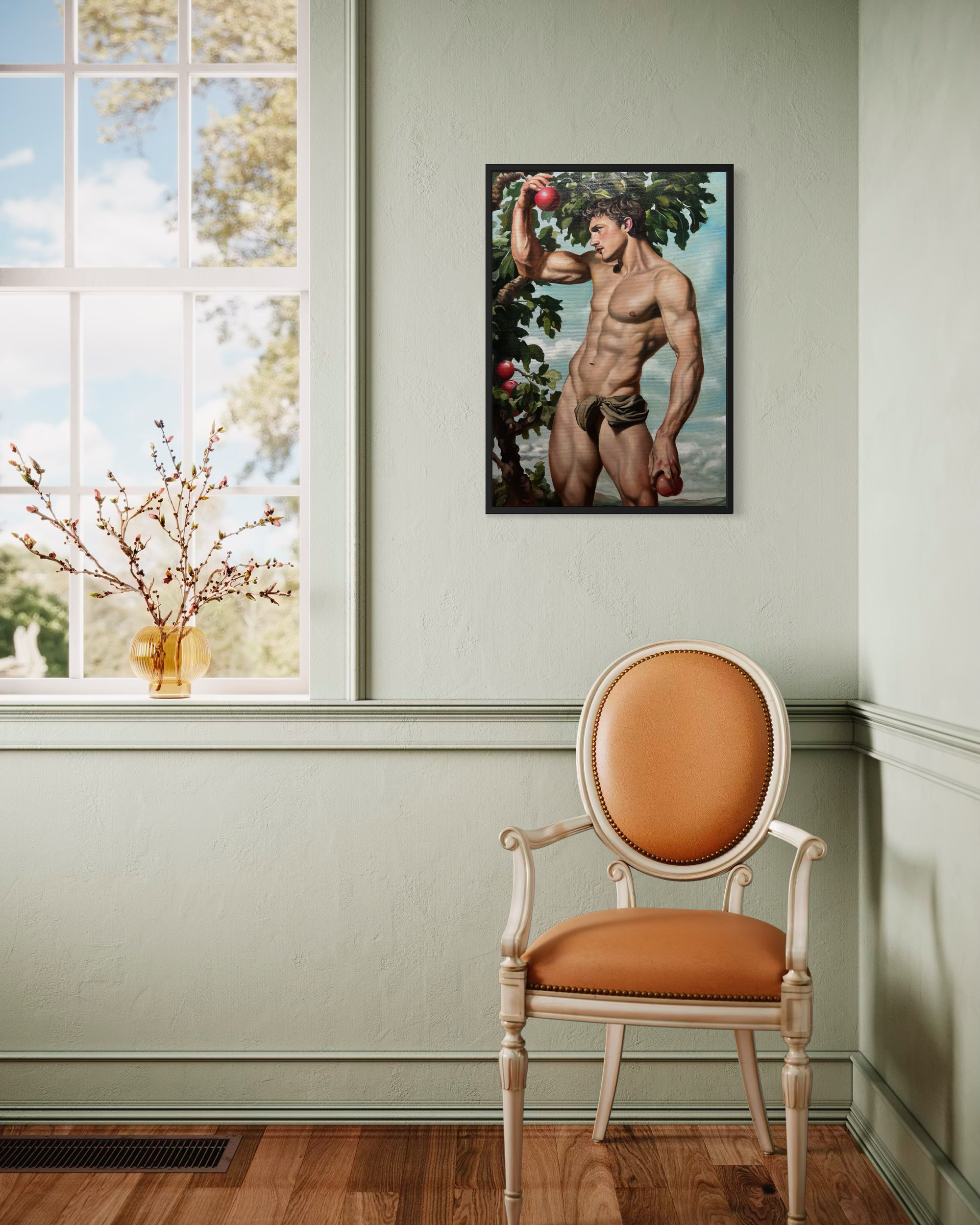 “Offered Fruits” is an original oil painting by Alexander Weaver that reimagines the biblical symbolism of Eden through a sensual and distinctly queer perspective.