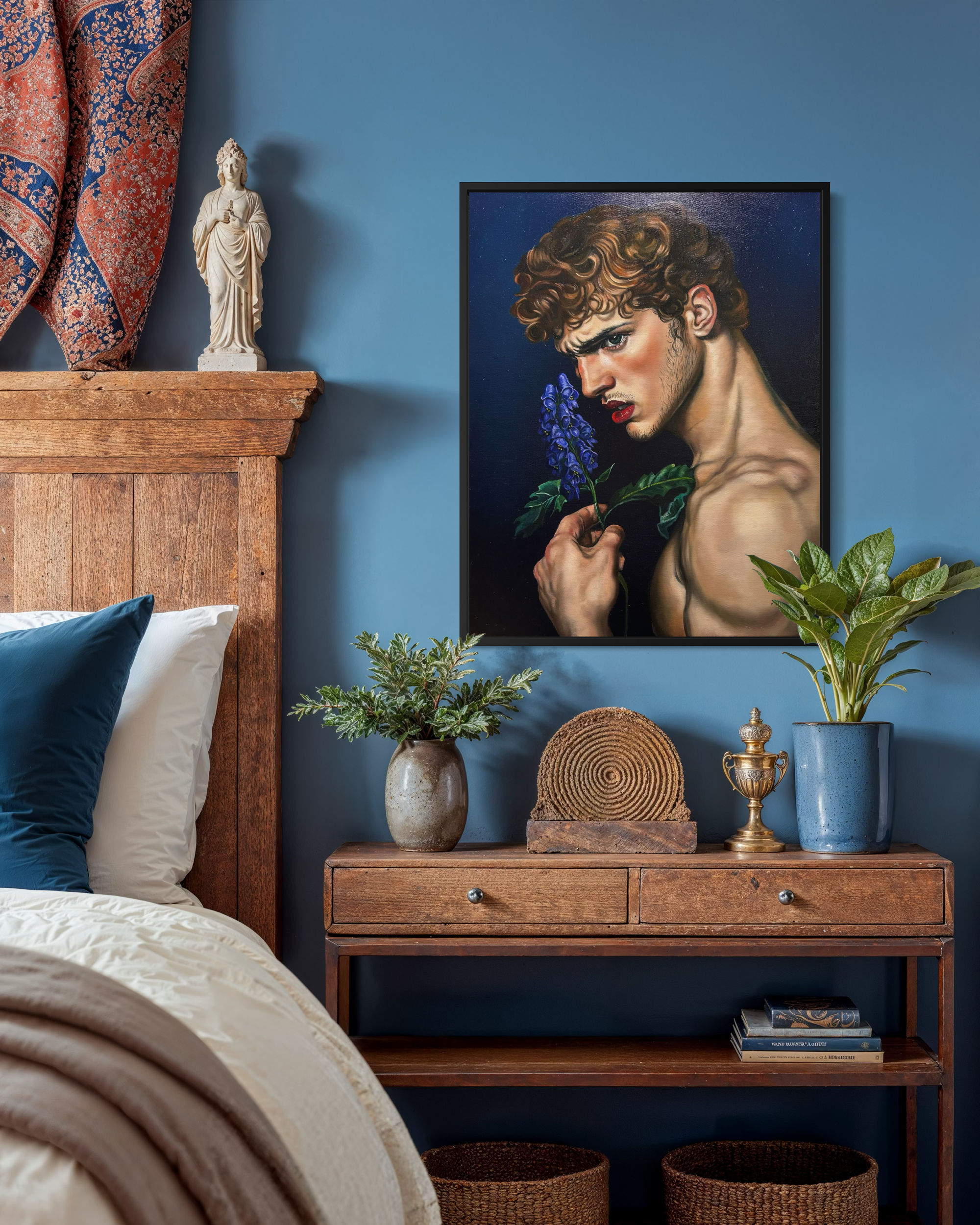 “Aconite” is an original oil painting by Alexander Weaver that explores the seductive tension between beauty and danger through the symbolism of the aconite flower