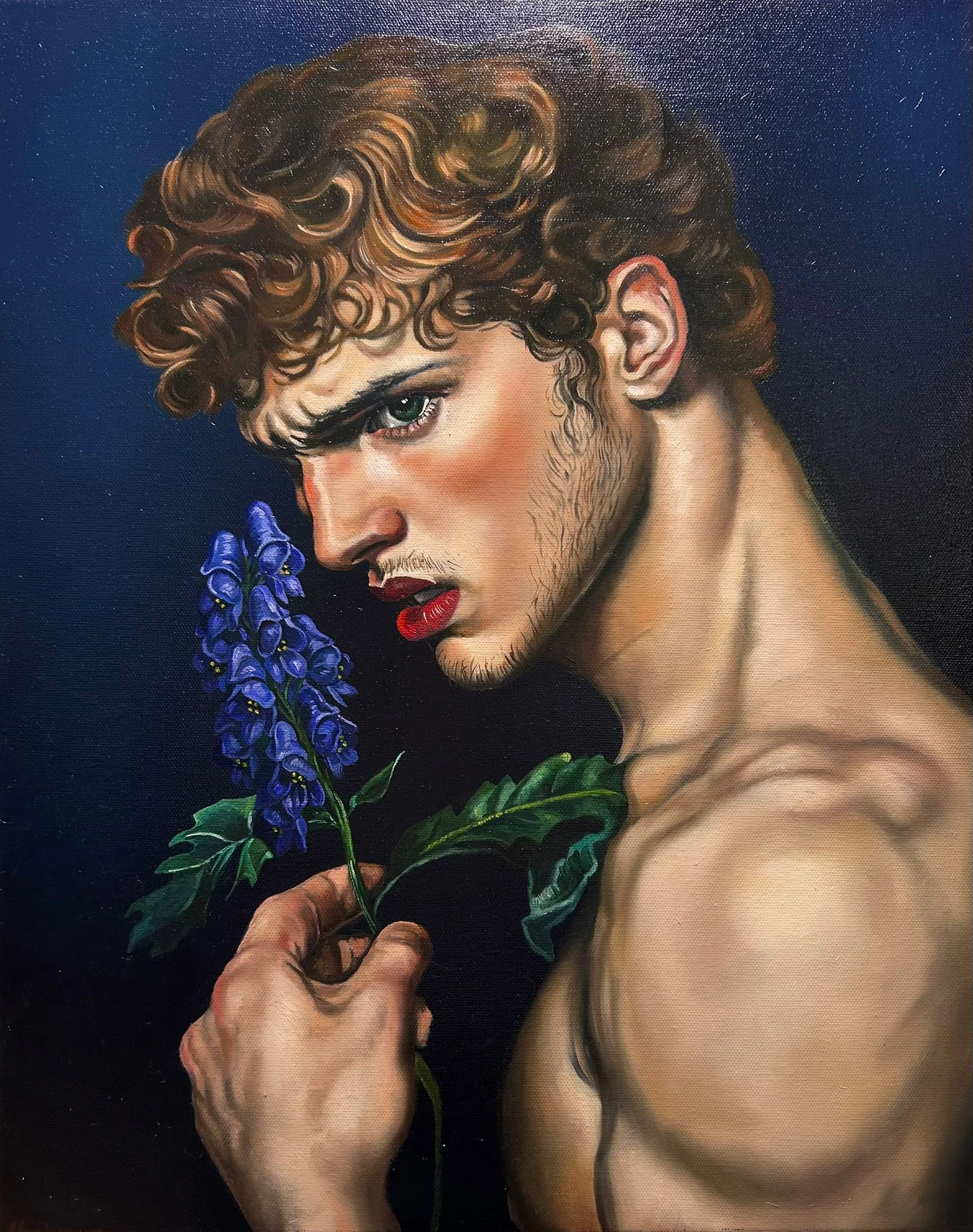 “Aconite” is an original oil painting by Alexander Weaver that explores the seductive tension between beauty and danger through the symbolism of the aconite flower