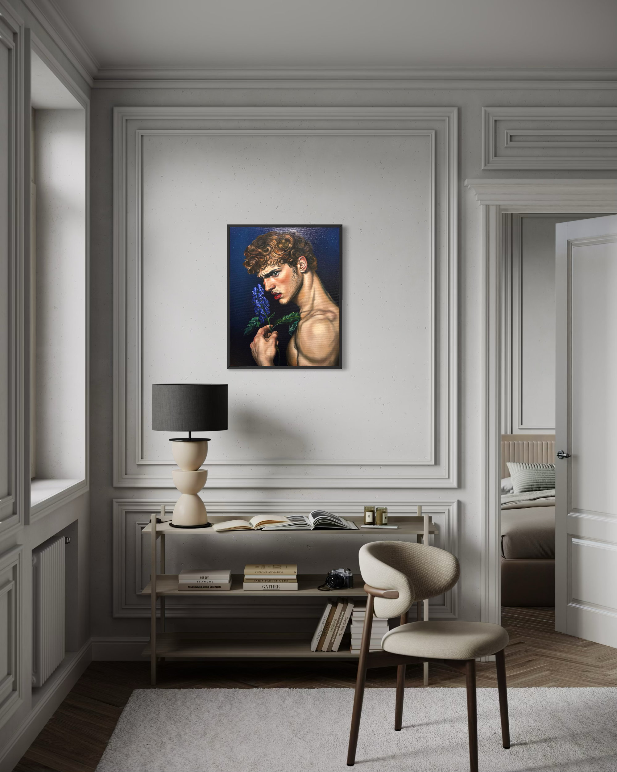 “Aconite” is an original oil painting by Alexander Weaver that explores the seductive tension between beauty and danger through the symbolism of the aconite flower
