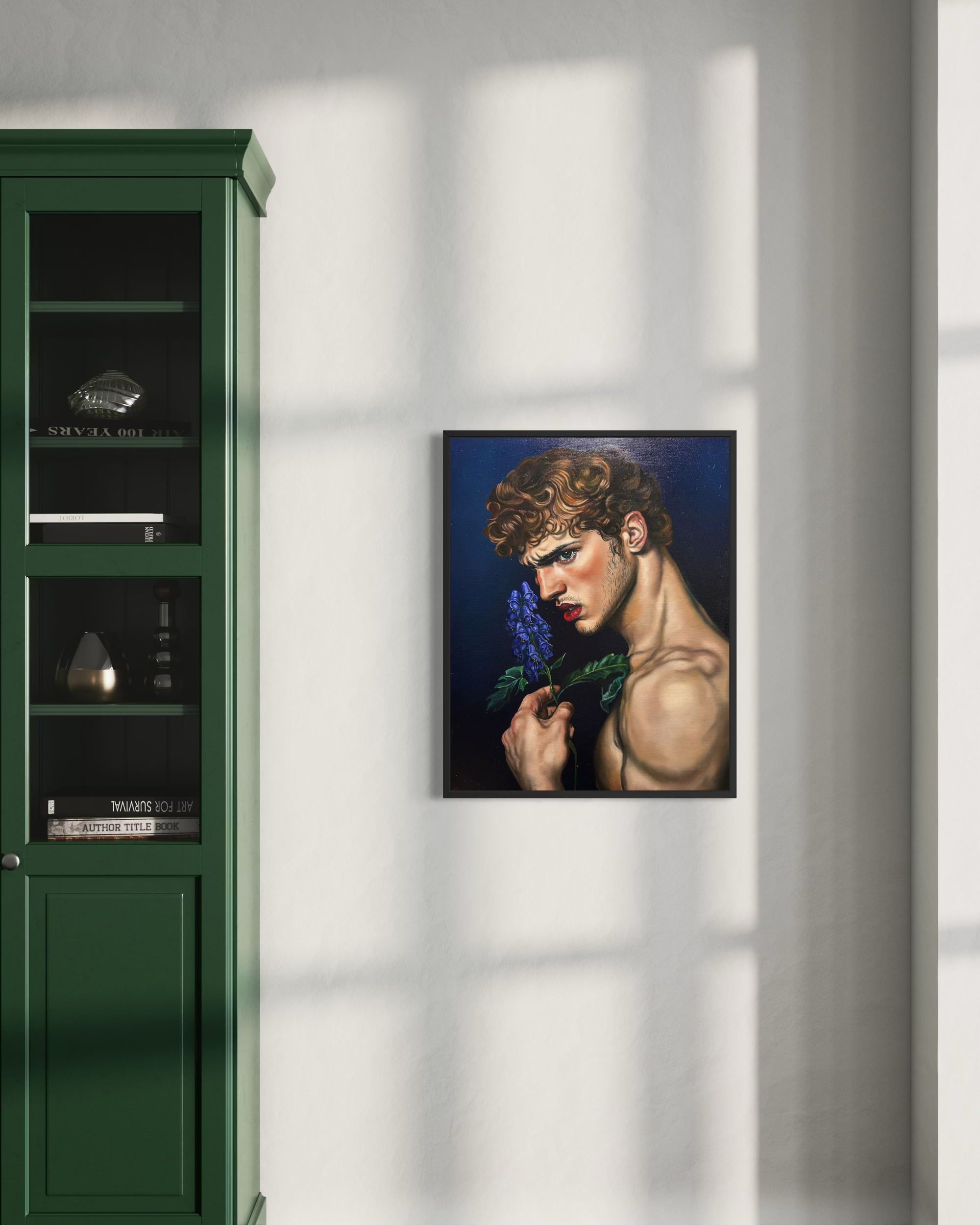 “Aconite” is an original oil painting by Alexander Weaver that explores the seductive tension between beauty and danger through the symbolism of the aconite flower