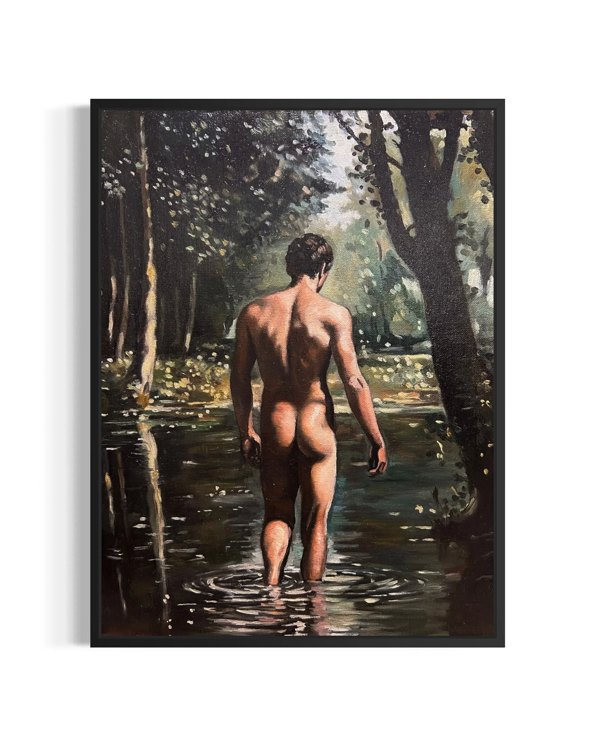 “Actaeon” is an original oil painting by Alexander Weaver that draws inspiration from the mythological figure of Actaeon, the hunter of Greek legend who was transformed into a stag