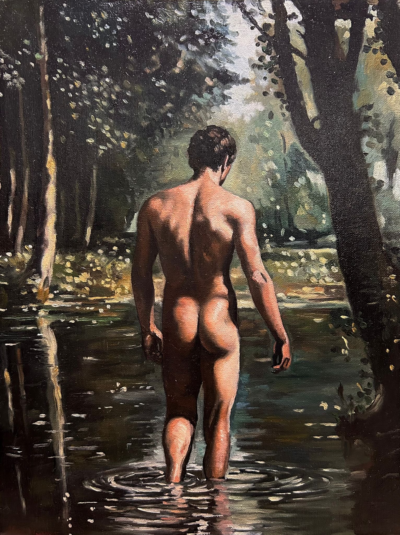 “Actaeon” is an original oil painting by Alexander Weaver that draws inspiration from the mythological figure of Actaeon, the hunter of Greek legend who was transformed into a stag