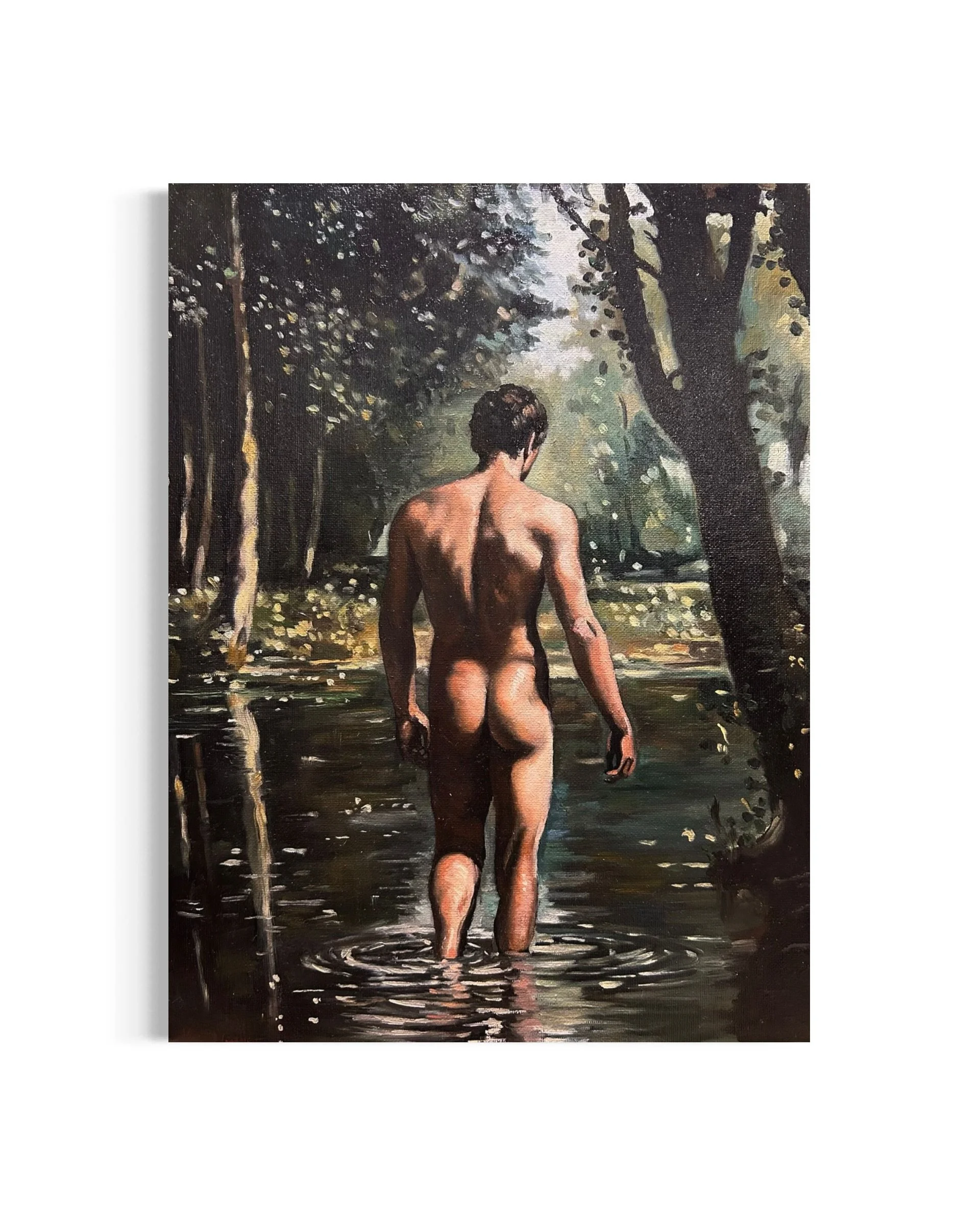 “Actaeon” is an original oil painting by Alexander Weaver that draws inspiration from the mythological figure of Actaeon, the hunter of Greek legend who was transformed into a stag