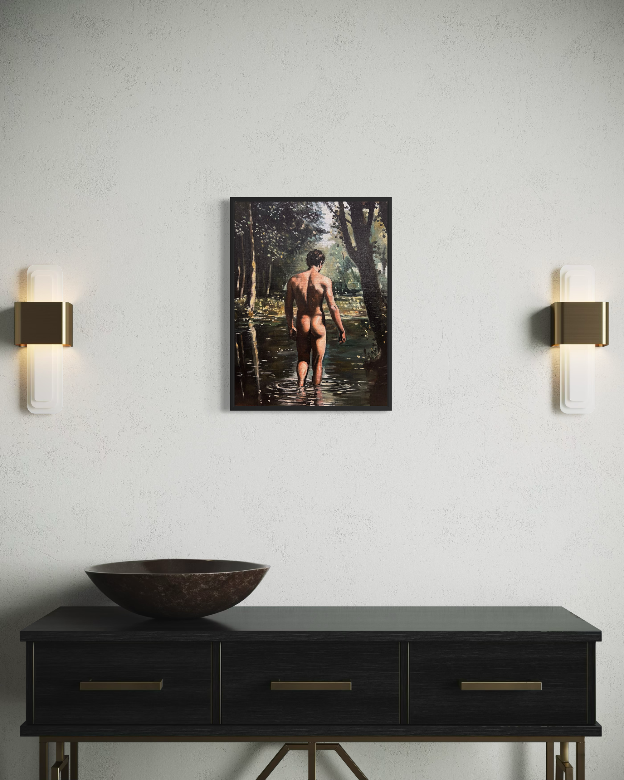 “Actaeon” is an original oil painting by Alexander Weaver that draws inspiration from the mythological figure of Actaeon, the hunter of Greek legend who was transformed into a stag