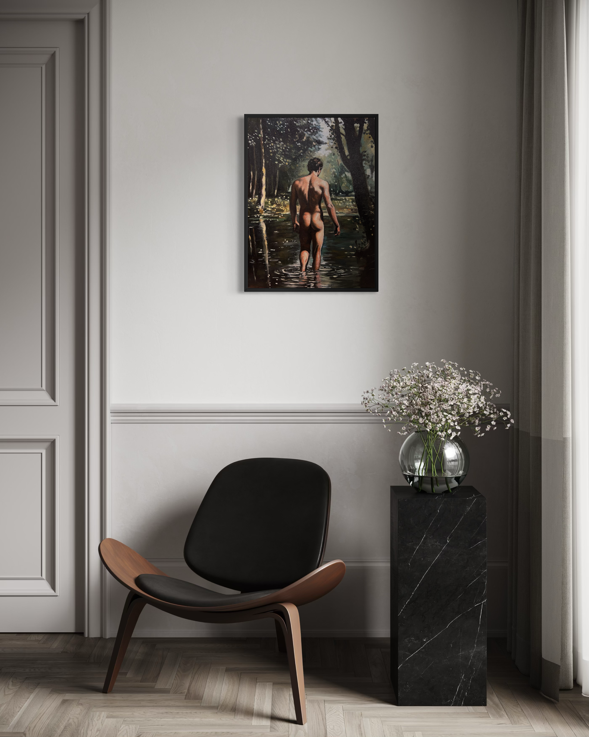 “Actaeon” is an original oil painting by Alexander Weaver that draws inspiration from the mythological figure of Actaeon, the hunter of Greek legend who was transformed into a stag