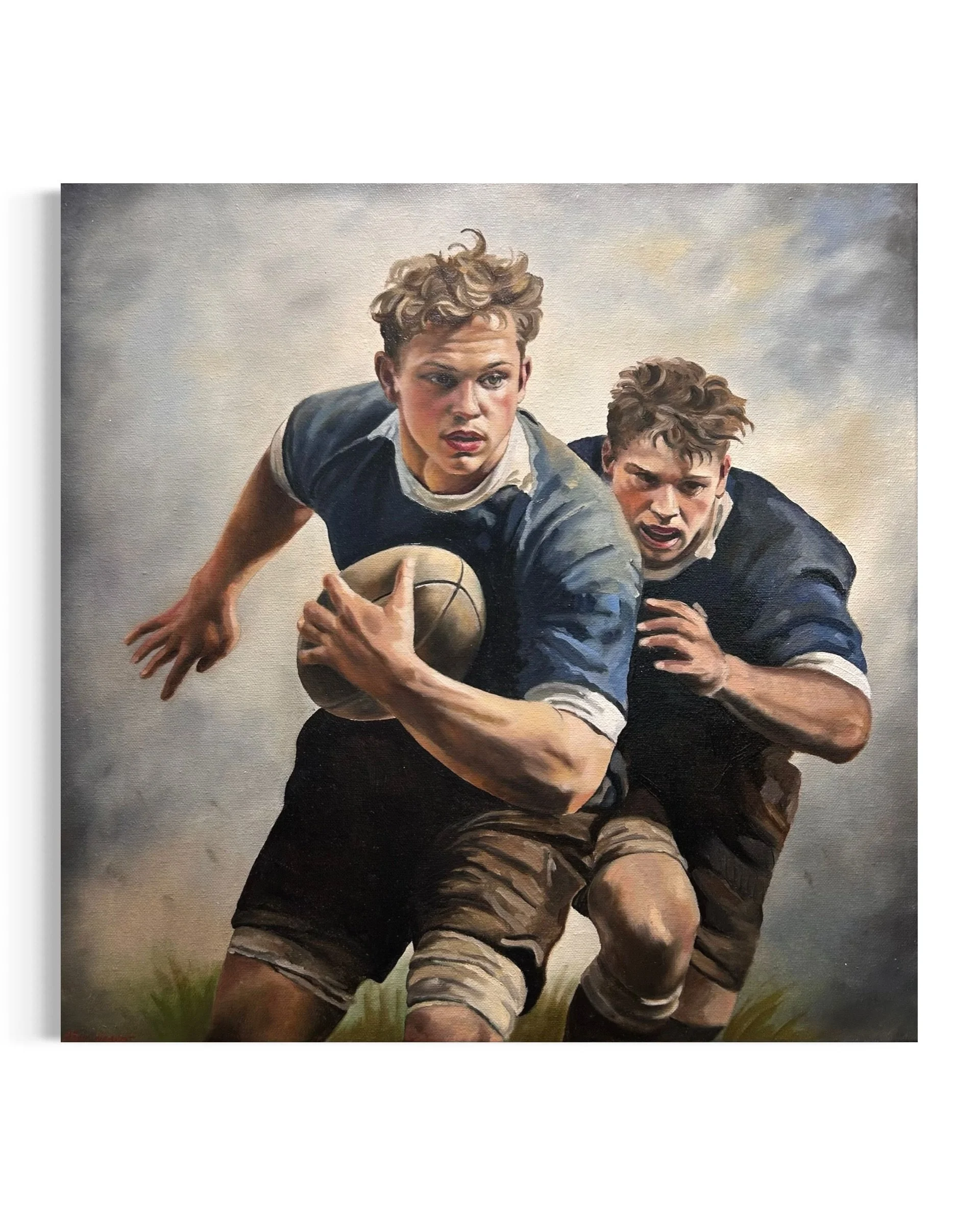 “Rugby Match” is an original oil painting by Alexander Weaver that offers a strikingly grounded and observational counterpart to the mythological and symbolic narratives