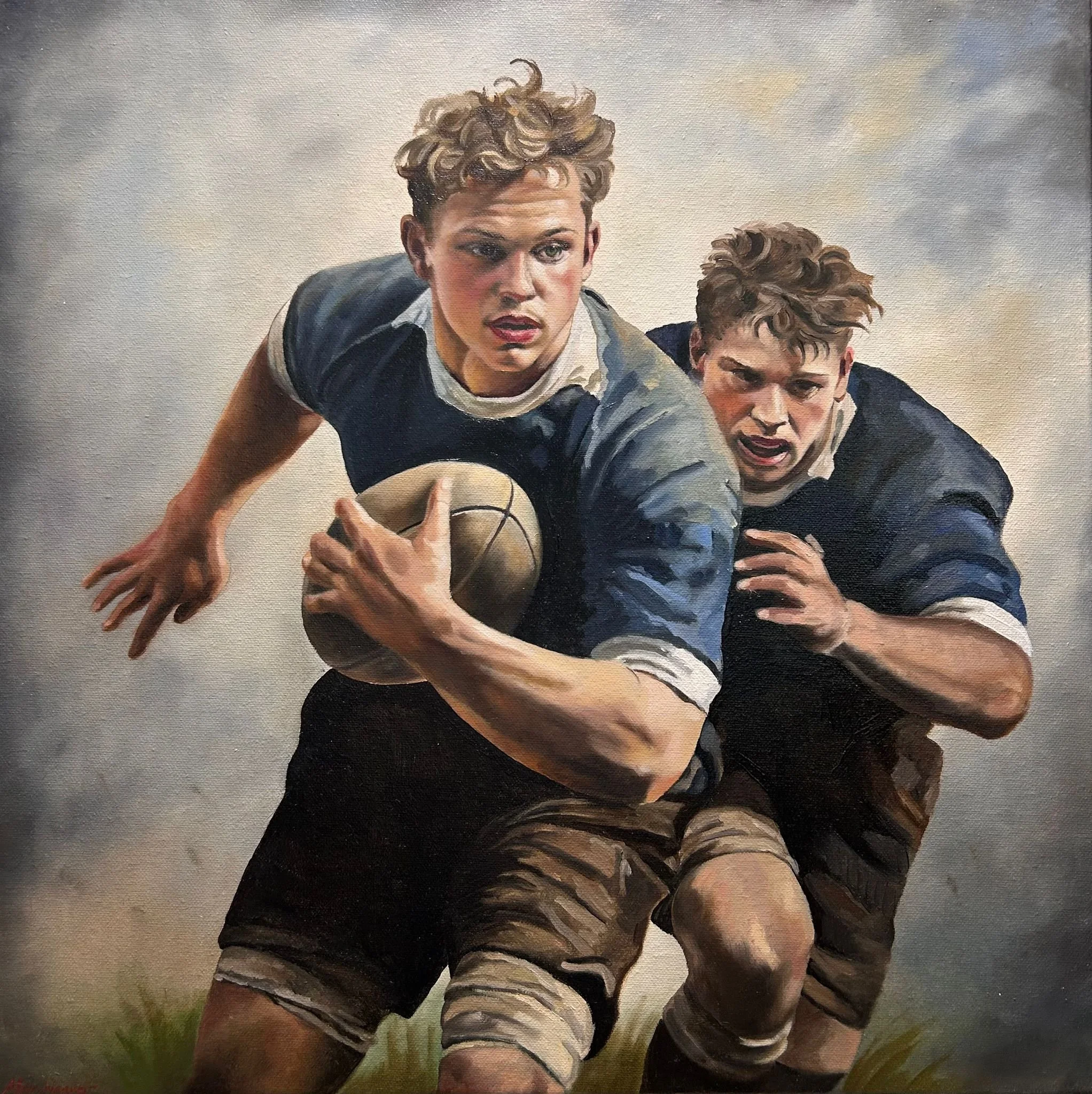 “Rugby Match” is an original oil painting by Alexander Weaver that offers a strikingly grounded and observational counterpart to the mythological and symbolic narratives