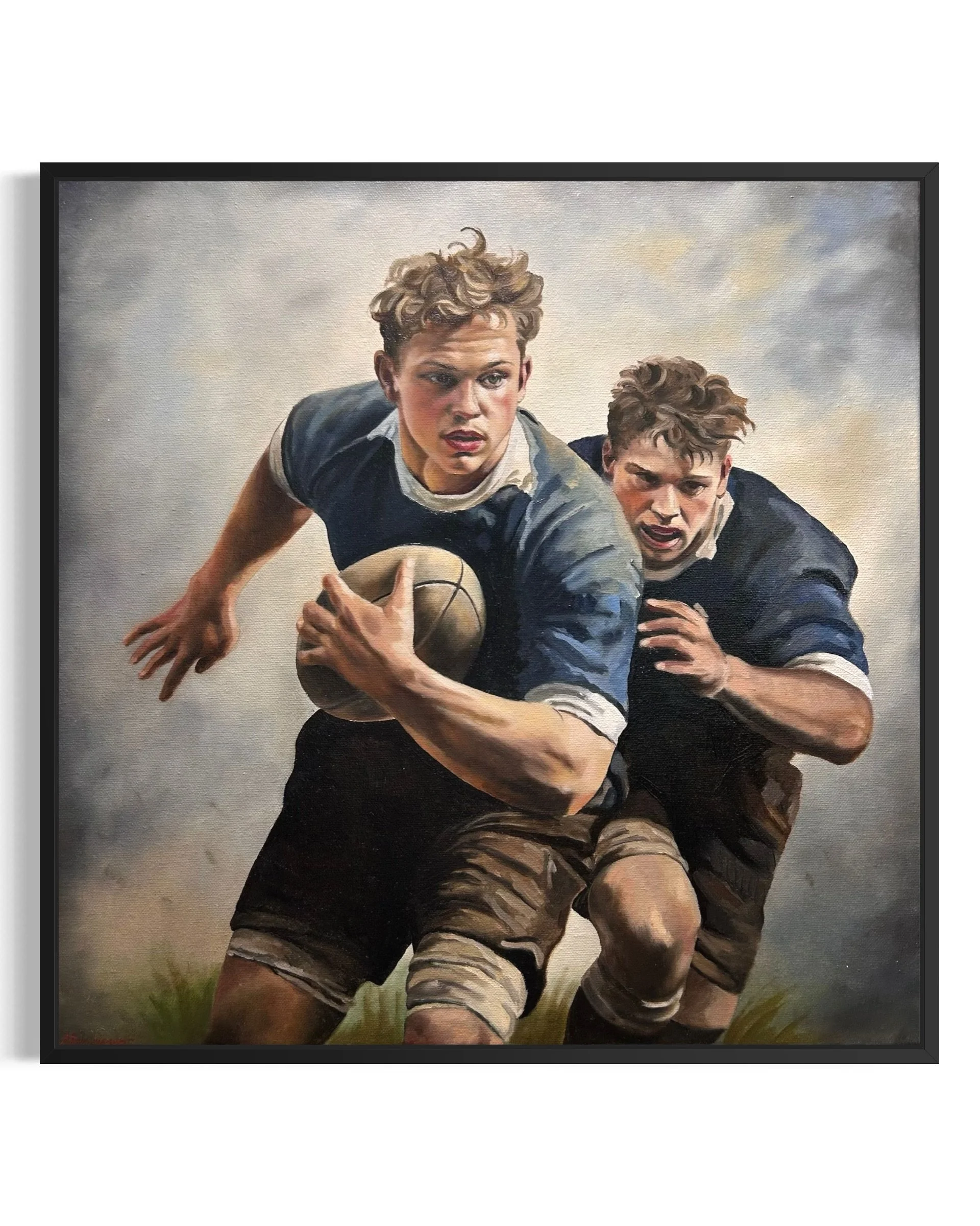“Rugby Match” is an original oil painting by Alexander Weaver that offers a strikingly grounded and observational counterpart to the mythological and symbolic narratives
