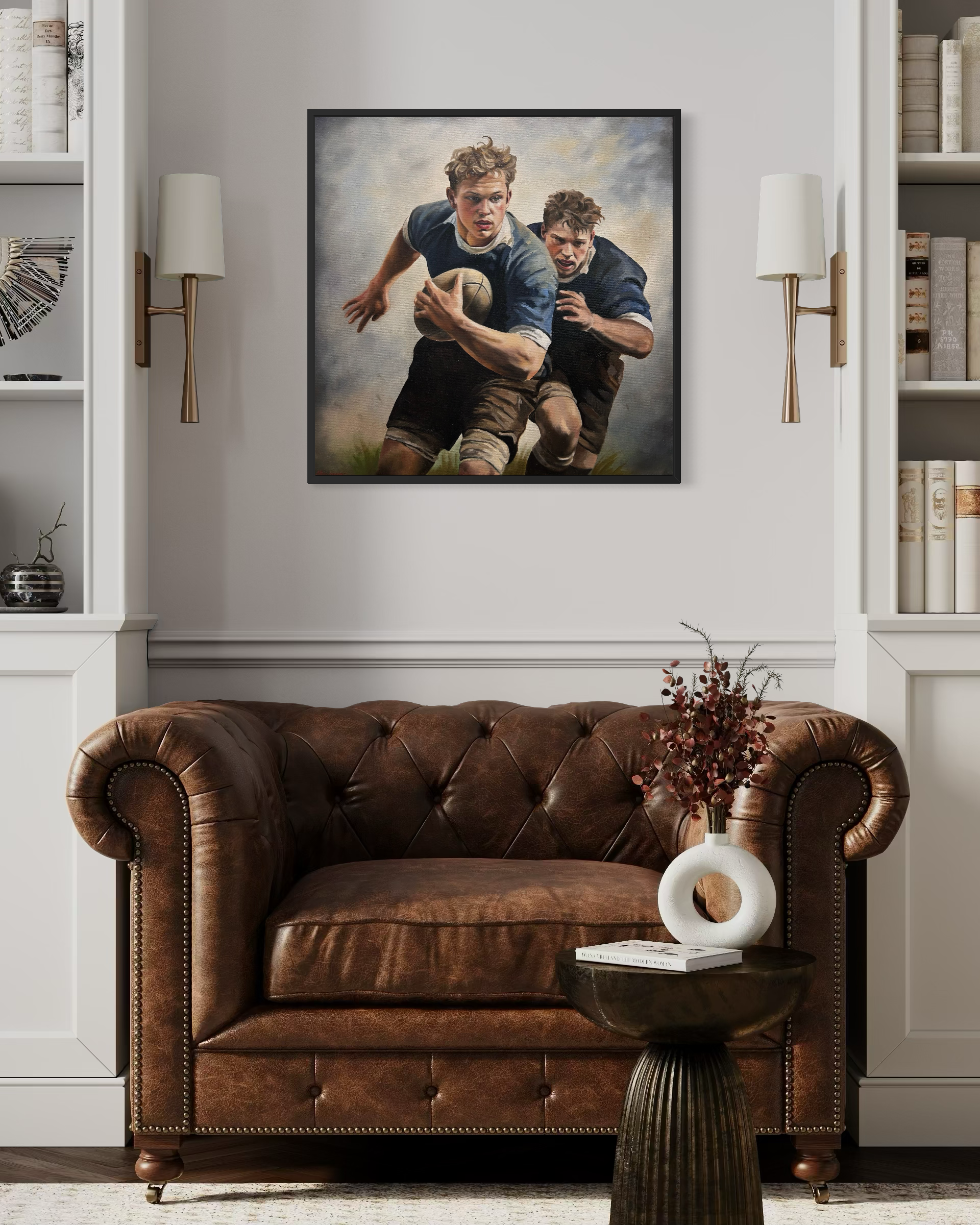 “Rugby Match” is an original oil painting by Alexander Weaver that offers a strikingly grounded and observational counterpart to the mythological and symbolic narratives