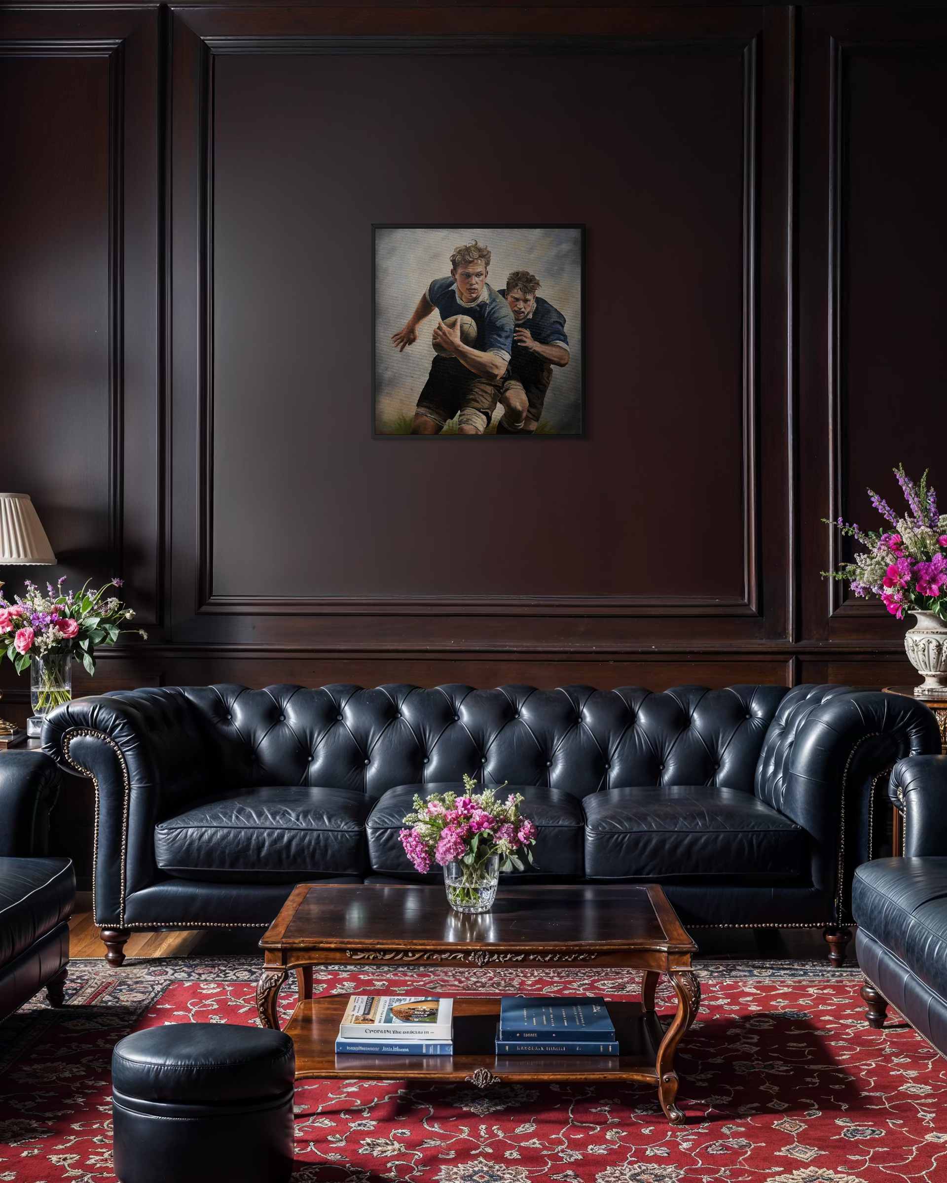 “Rugby Match” is an original oil painting by Alexander Weaver that offers a strikingly grounded and observational counterpart to the mythological and symbolic narratives