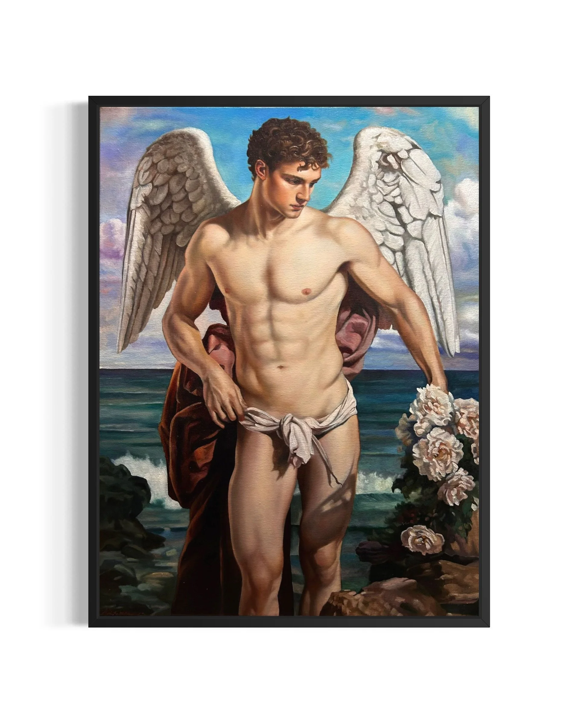 “Icarus” (Variation) is an original oil painting by Alexander Weaver that reinterprets the Greek myth of Icarus, traditionally the figure who flew too close to the sun