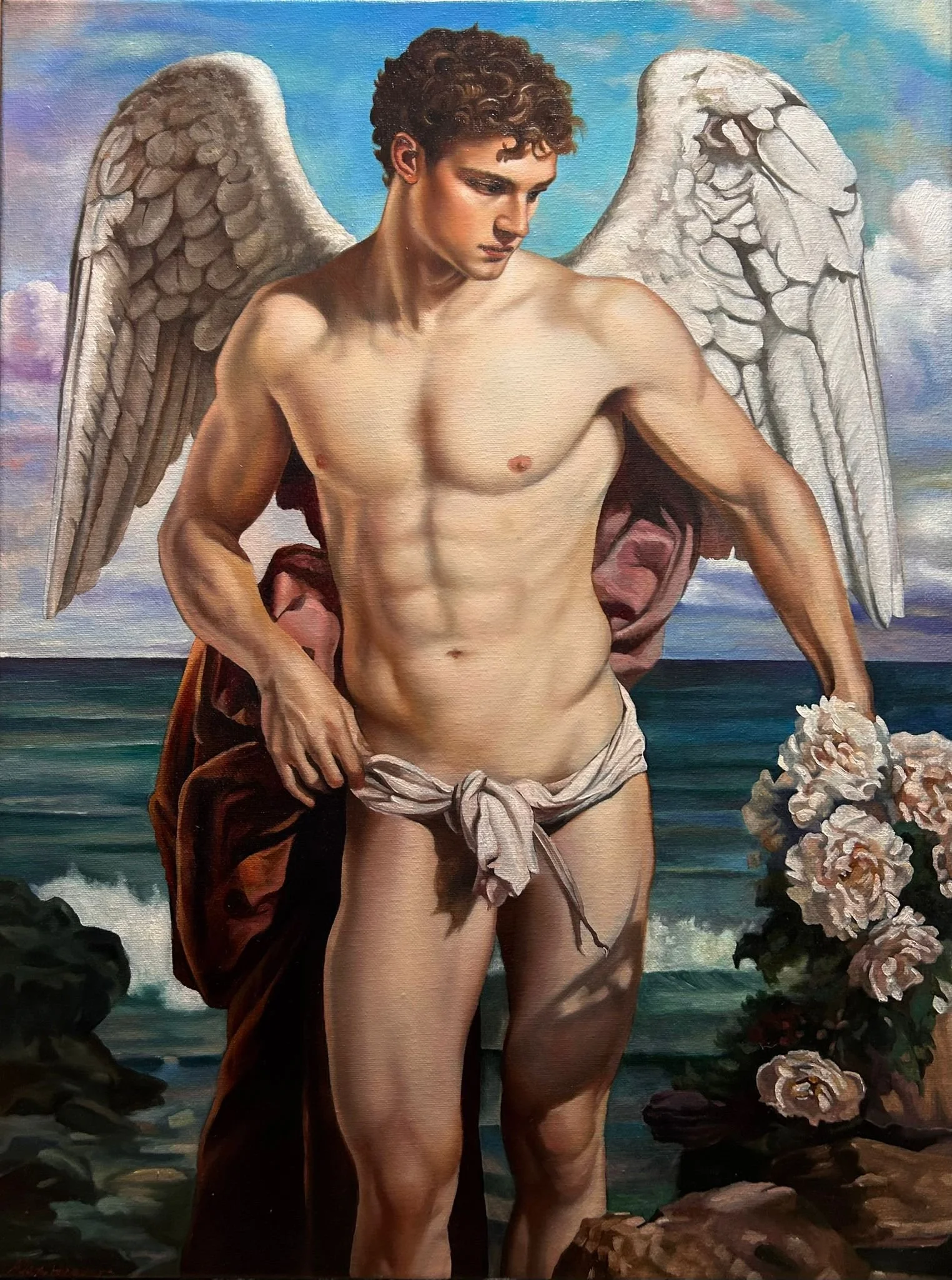 “Icarus” (Variation) is an original oil painting by Alexander Weaver that reinterprets the Greek myth of Icarus, traditionally the figure who flew too close to the sun