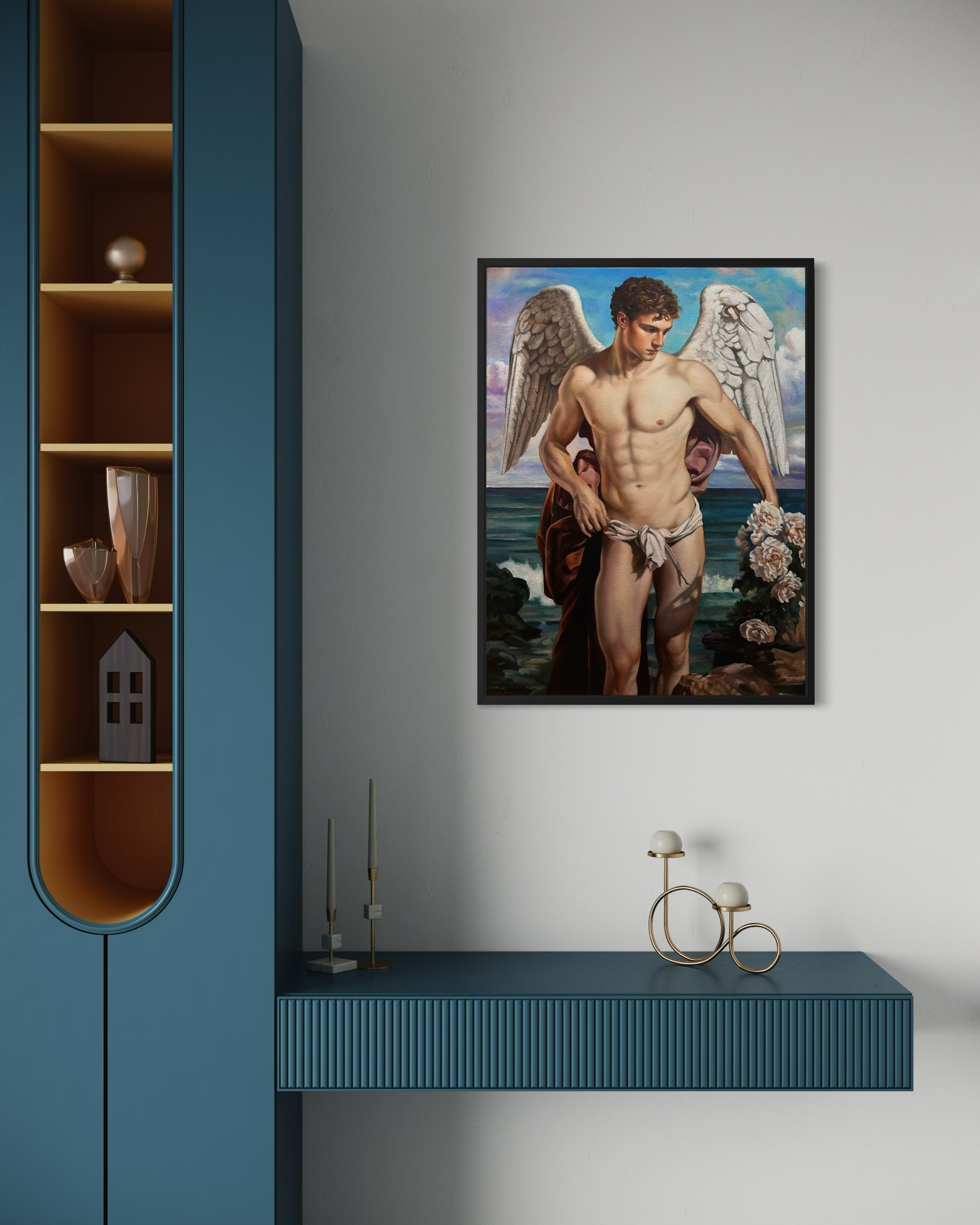“Icarus” (Variation) is an original oil painting by Alexander Weaver that reinterprets the Greek myth of Icarus, traditionally the figure who flew too close to the sun