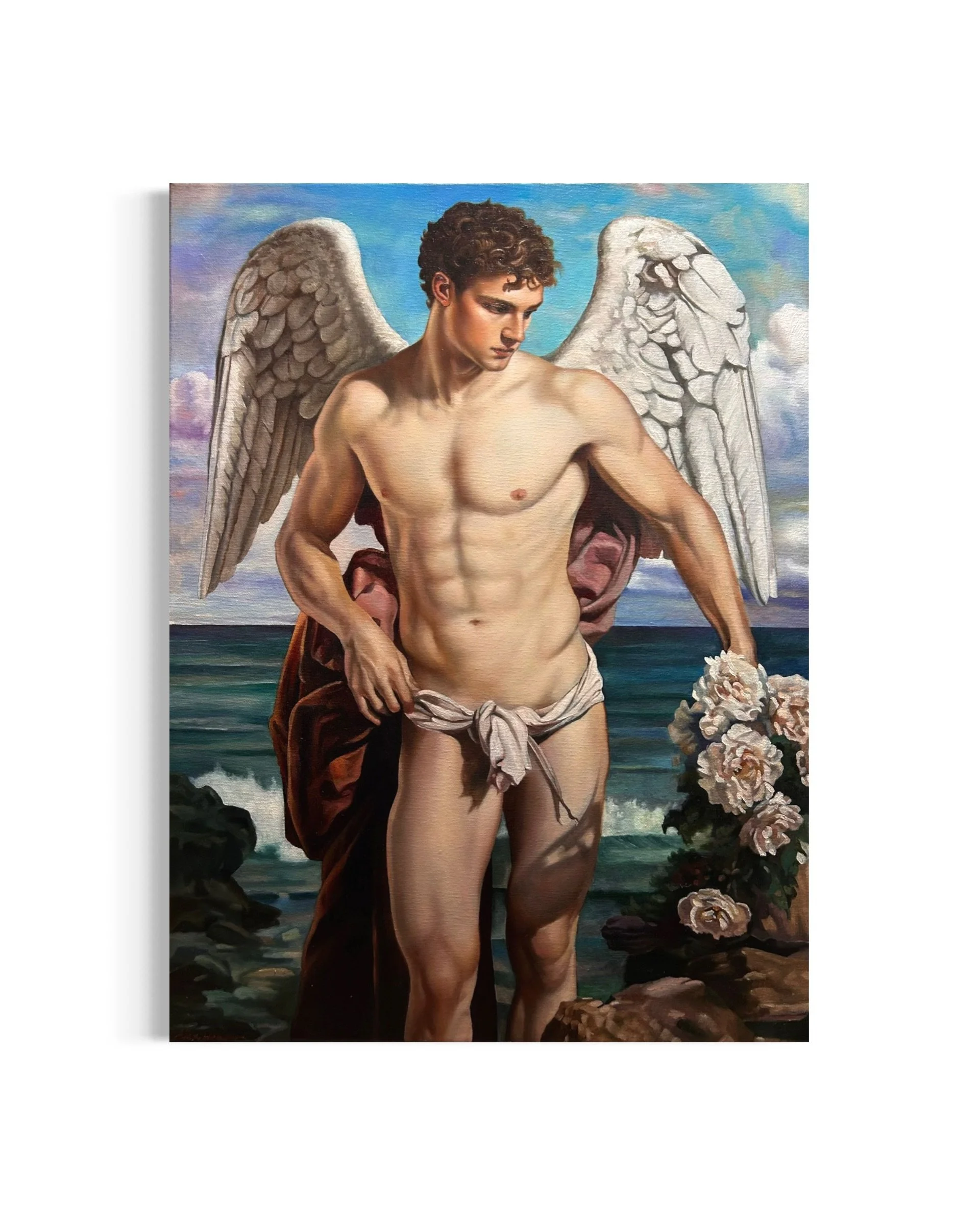 “Icarus” (Variation) is an original oil painting by Alexander Weaver that reinterprets the Greek myth of Icarus, traditionally the figure who flew too close to the sun
