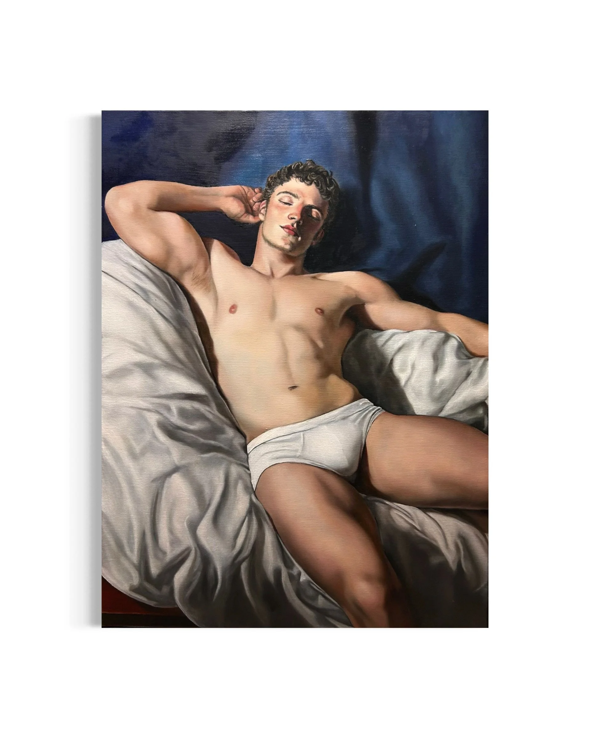 “Hypnos in Blue” is an original oil painting by Alexander Weaver that reimagines the Greek god Hypnos, the personification of sleep, through a contemporary figurative lens.