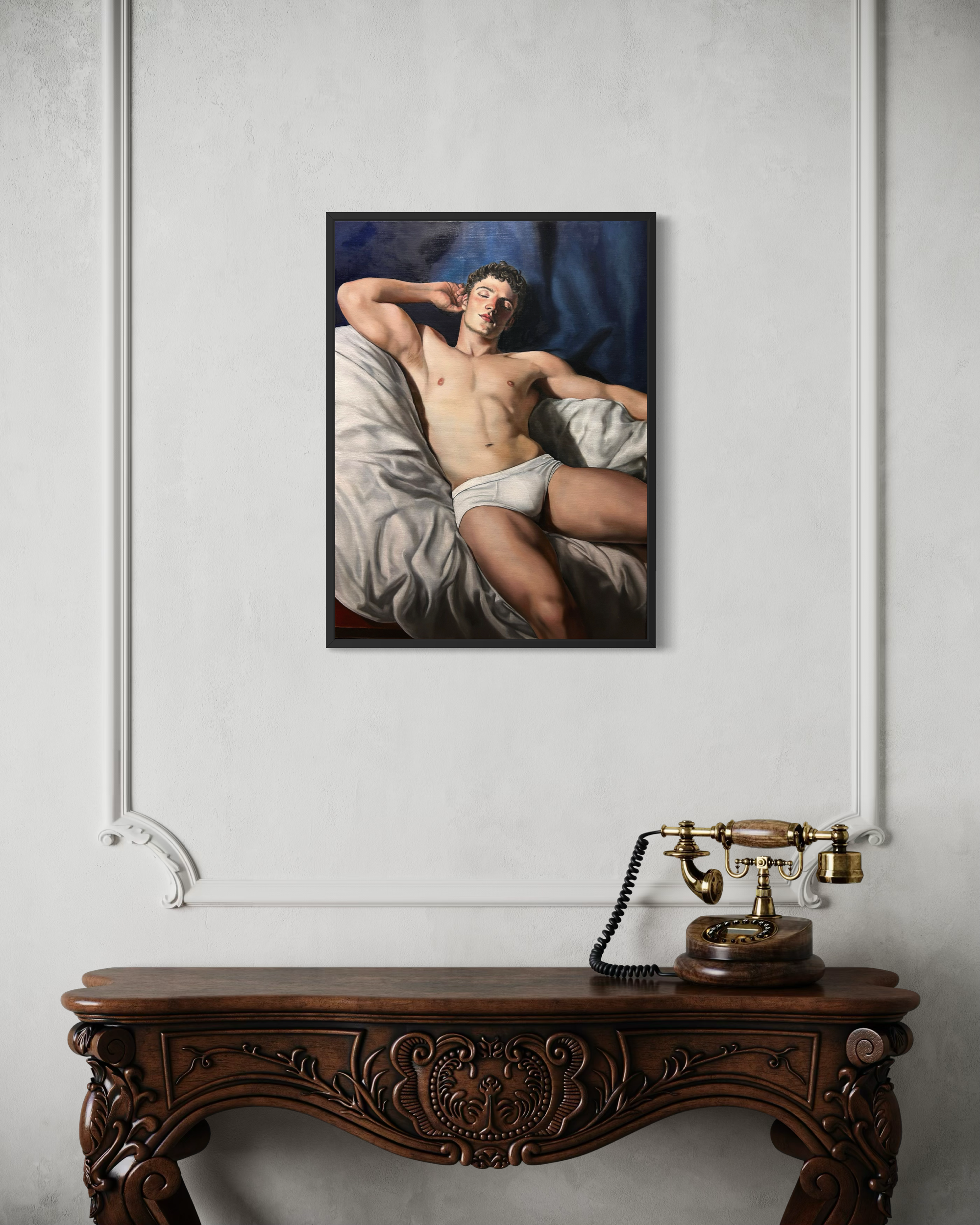 “Hypnos in Blue” is an original oil painting by Alexander Weaver that reimagines the Greek god Hypnos, the personification of sleep, through a contemporary figurative lens.