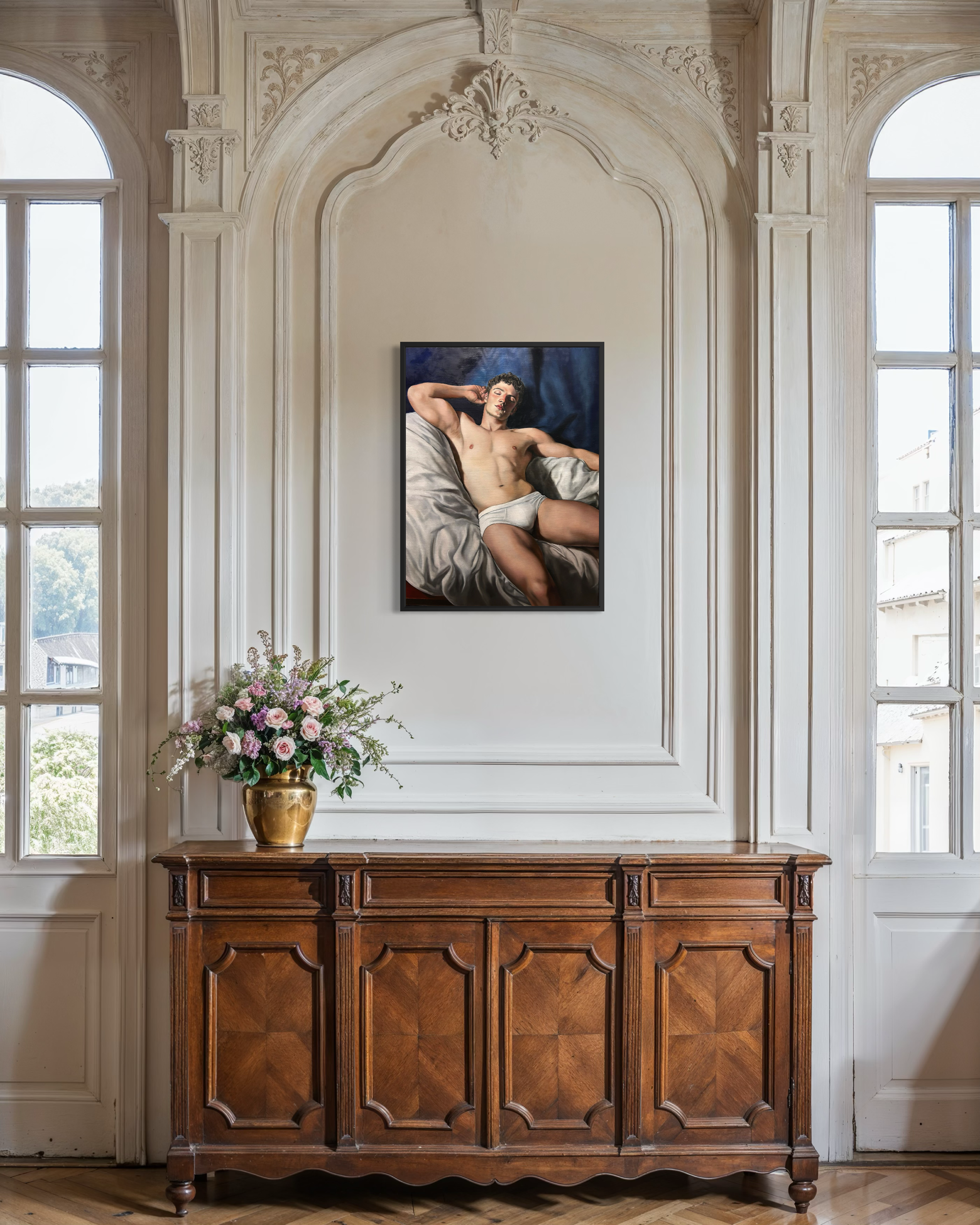 “Hypnos in Blue” is an original oil painting by Alexander Weaver that reimagines the Greek god Hypnos, the personification of sleep, through a contemporary figurative lens.