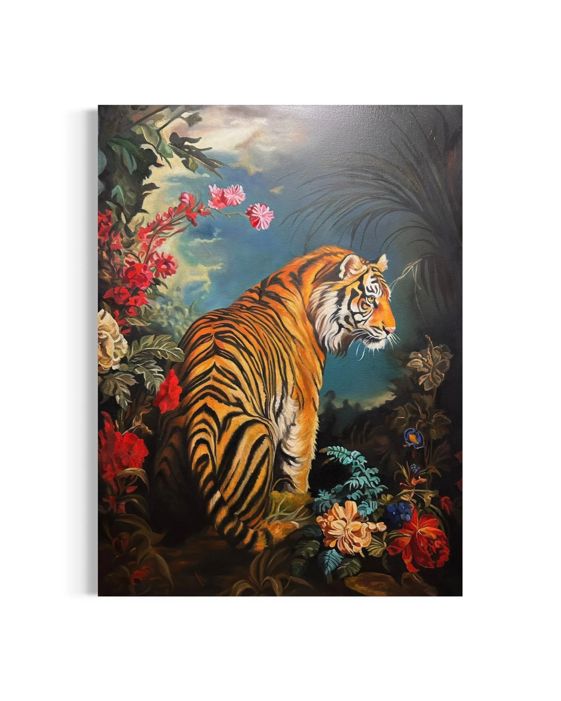 “Jungle Bloom” is an original oil painting by Alexander Weaver that presents a regal tiger poised within an abundant arrangement of tropical flora,.