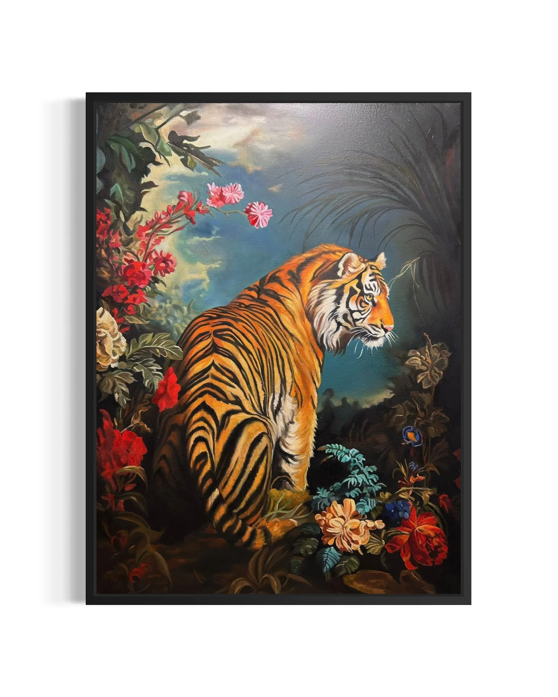 “Jungle Bloom” is an original oil painting by Alexander Weaver that presents a regal tiger poised within an abundant arrangement of tropical flora,.