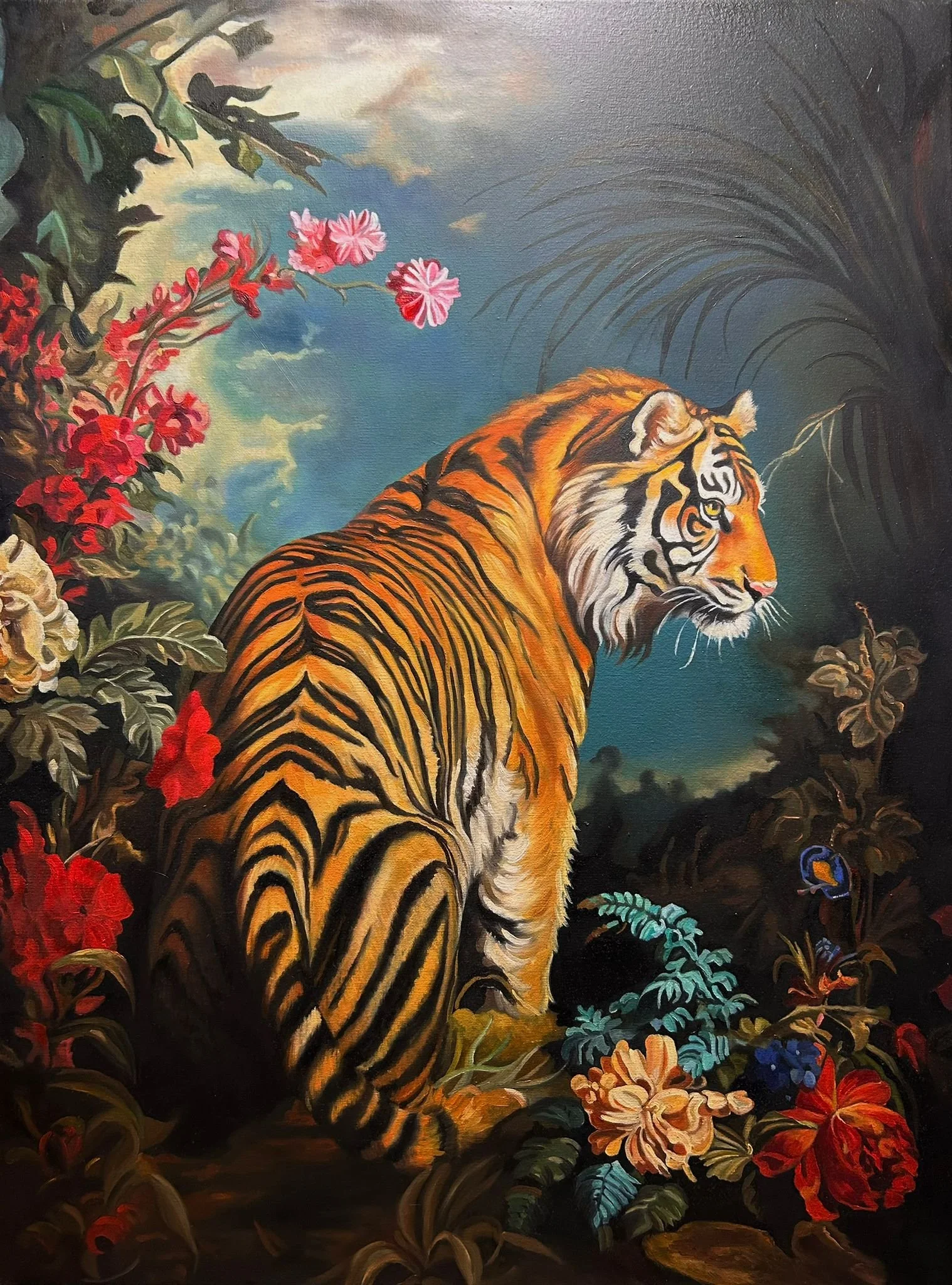 “Jungle Bloom” is an original oil painting by Alexander Weaver that presents a regal tiger poised within an abundant arrangement of tropical flora,.