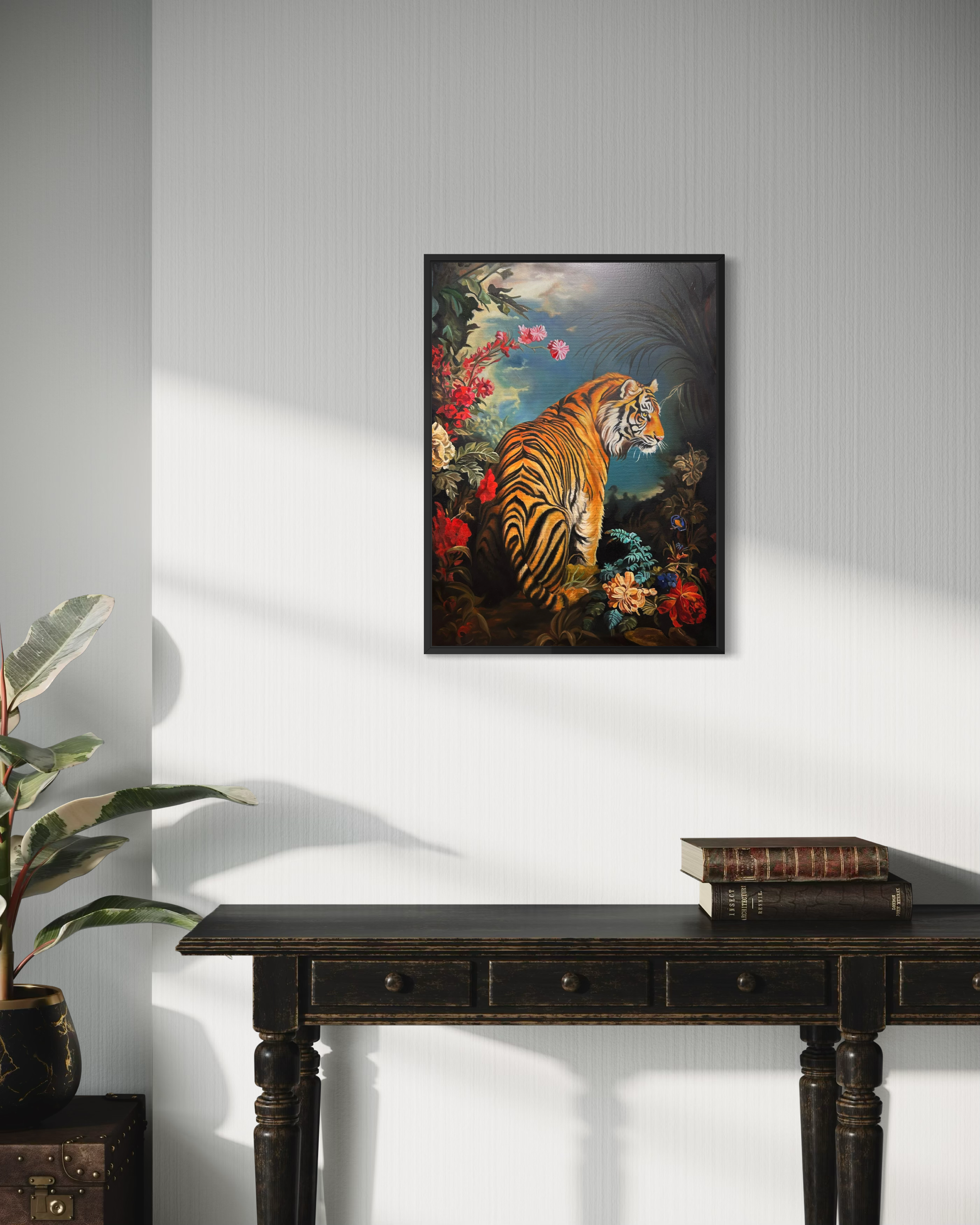 “Jungle Bloom” is an original oil painting by Alexander Weaver that presents a regal tiger poised within an abundant arrangement of tropical flora,.