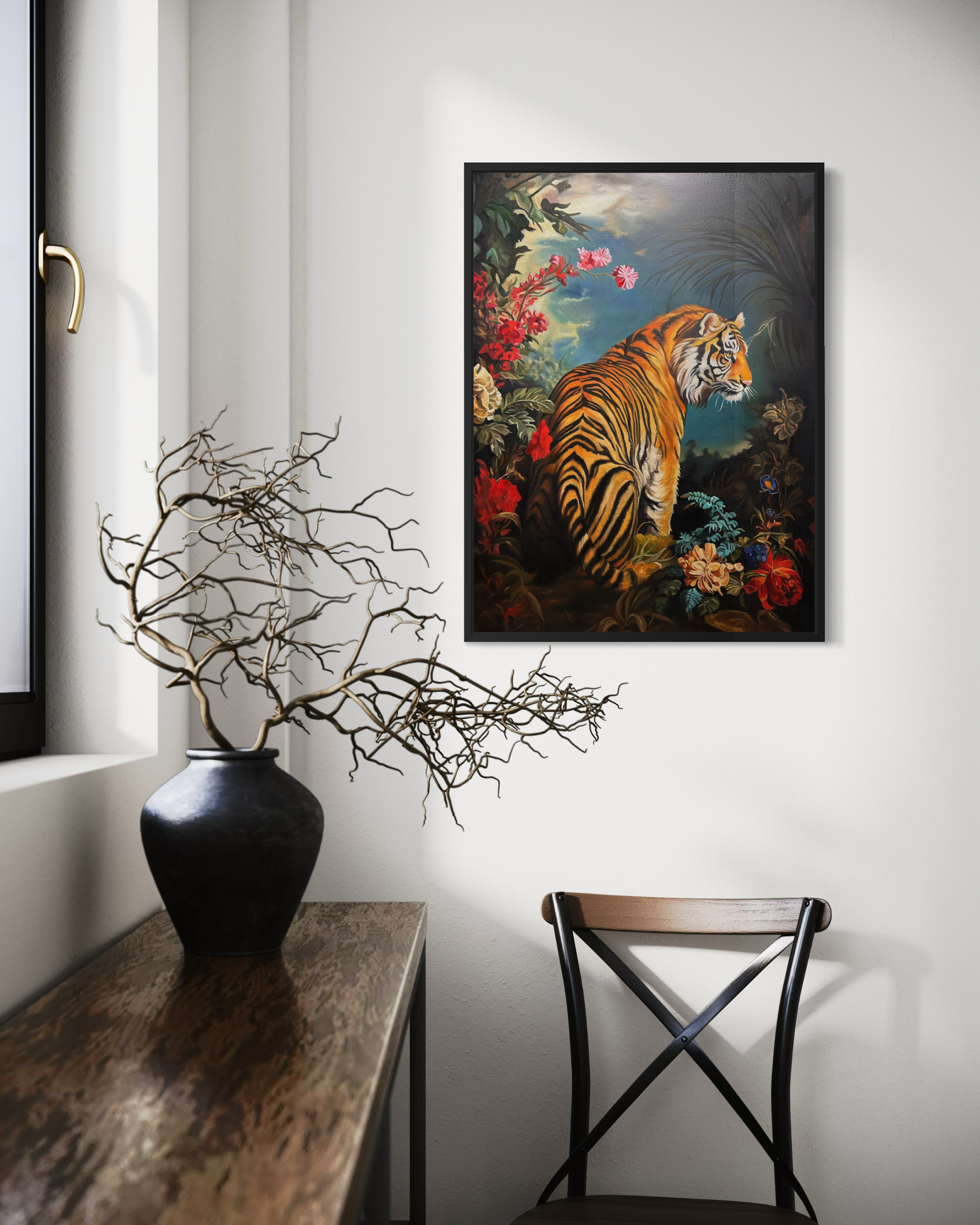 “Jungle Bloom” is an original oil painting by Alexander Weaver that presents a regal tiger poised within an abundant arrangement of tropical flora,.