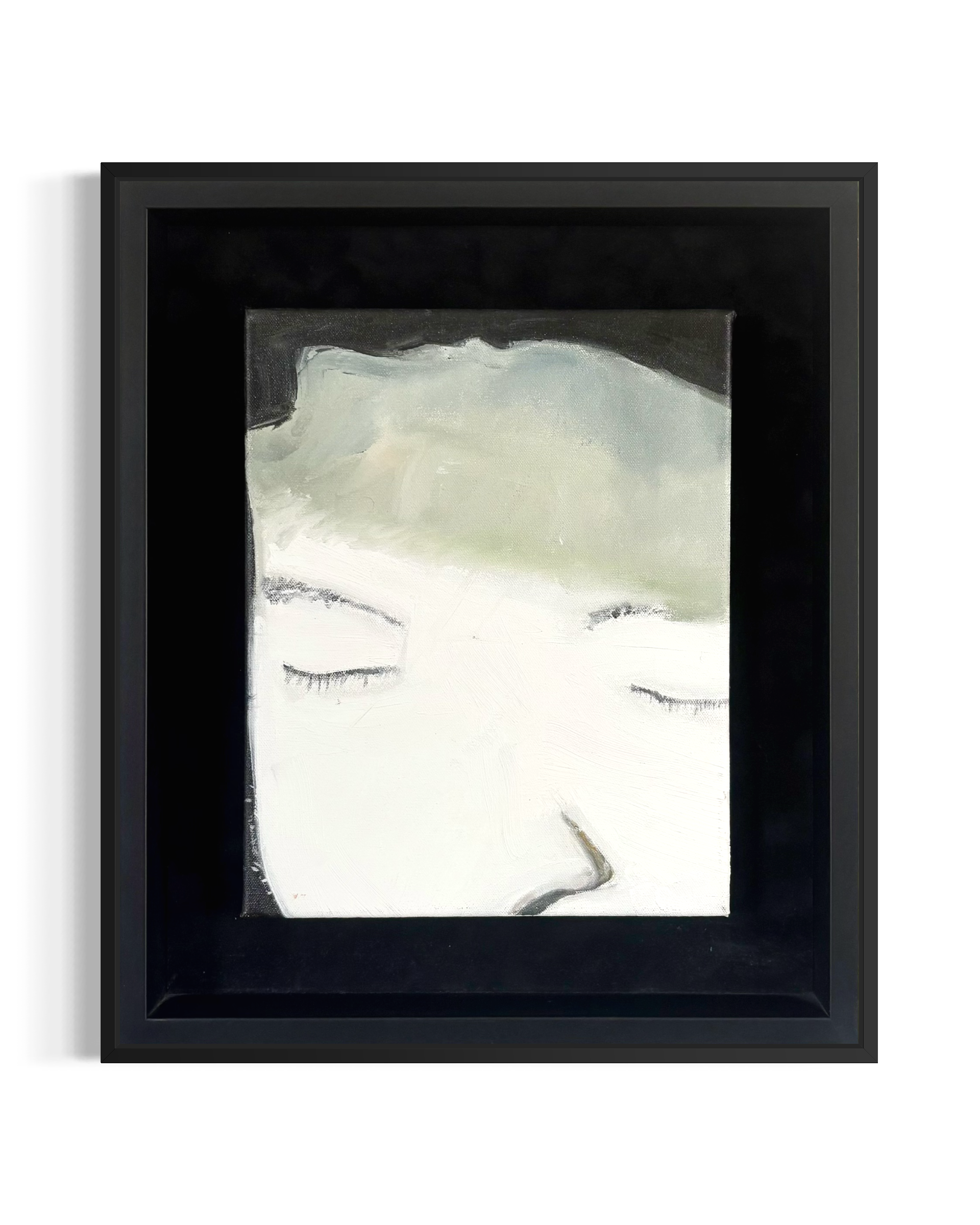 Glare depicts a fragmented self-portrait suspended between presence and withdrawal. Framed by darkness and rendered in disjointed form, the figure turns inward