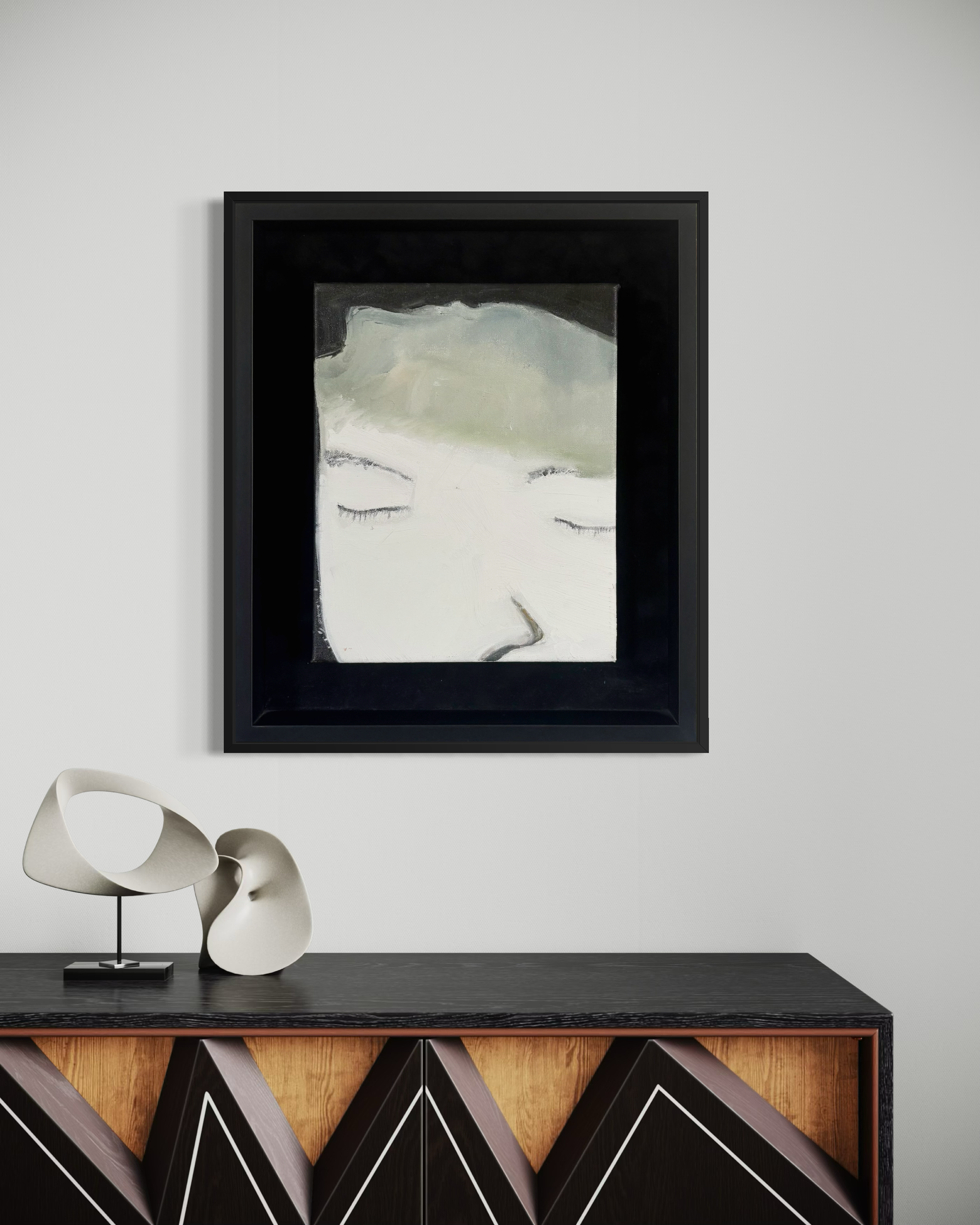 Glare depicts a fragmented self-portrait suspended between presence and withdrawal. Framed by darkness and rendered in disjointed form, the figure turns inward