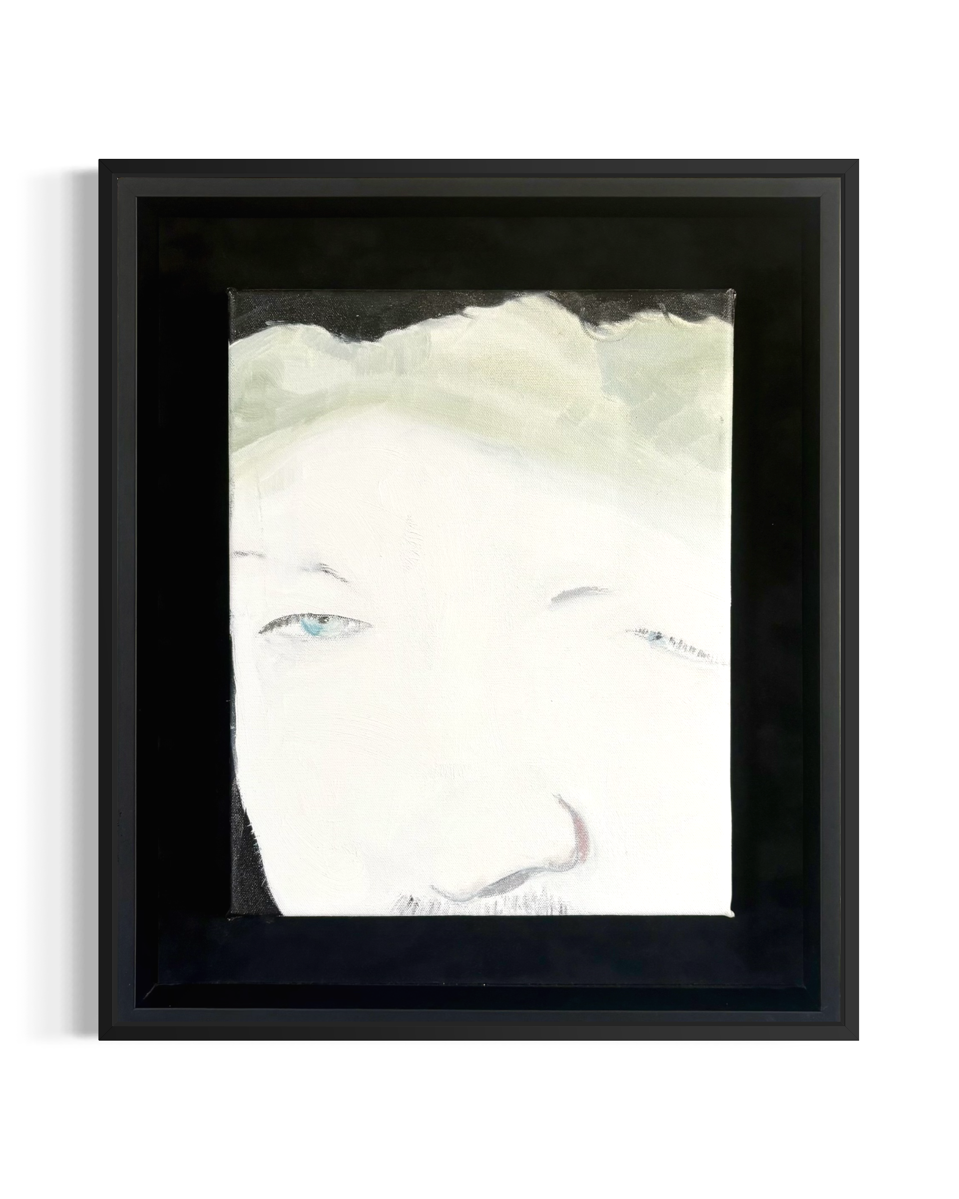 Wake presents a disembodied self-portrait defined by a single, piercing blue eye. Emerging from darkness, the fragmented form conveys both fragility and resilience