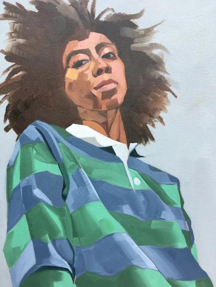 Play by Denise Heard is an original oil painting that captures the energy, determination, and confidence of a female footballer.