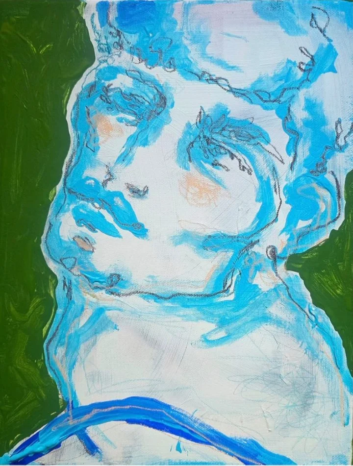 Marcel… Blue is an evocative original painting that captures a young man immersed in a moment of quiet reflection. His distant gaze and contemplative expression convey a sense of longing.