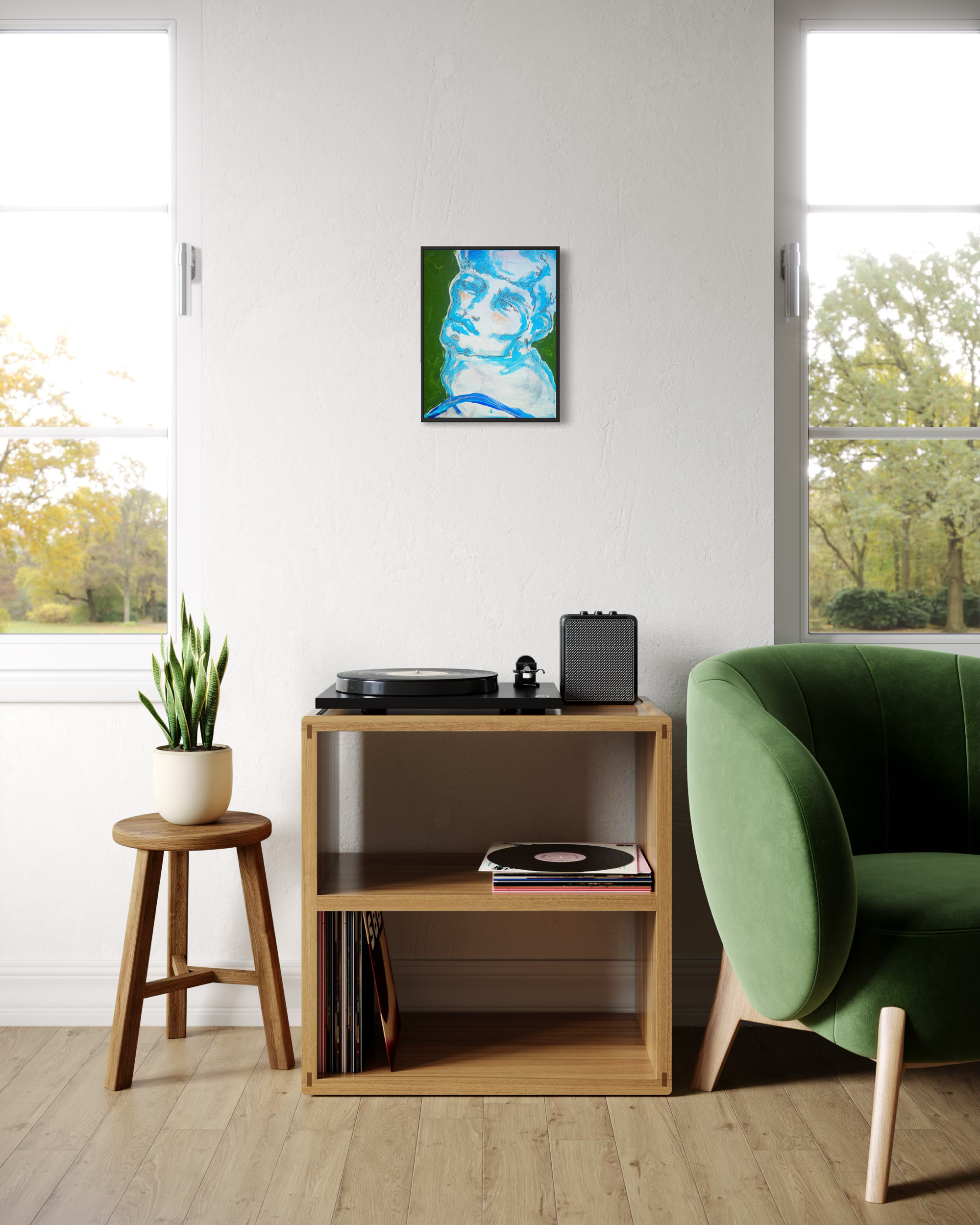 Marcel… Blue is an evocative original painting that captures a young man immersed in a moment of quiet reflection. His distant gaze and contemplative expression convey a sense of longing.