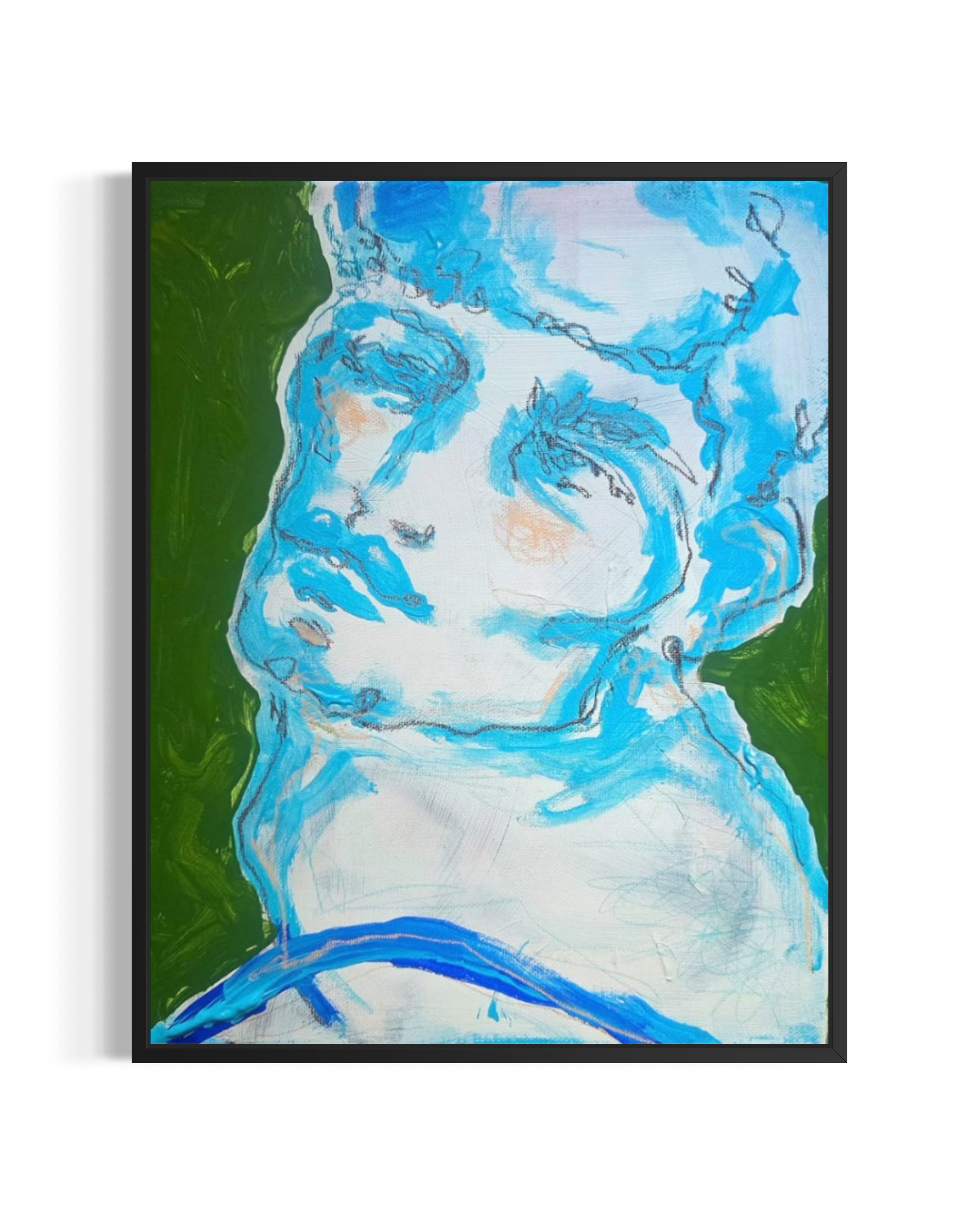 Marcel… Blue is an evocative original painting that captures a young man immersed in a moment of quiet reflection. His distant gaze and contemplative expression convey a sense of longing.