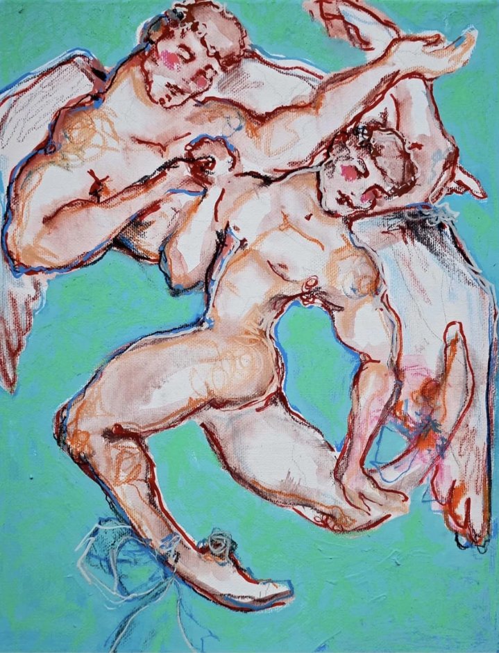 Cupids is a vibrant original painting that captures a scene of youthful abandon, filled with energy, spontaneity, and a sense of carefree freedom.