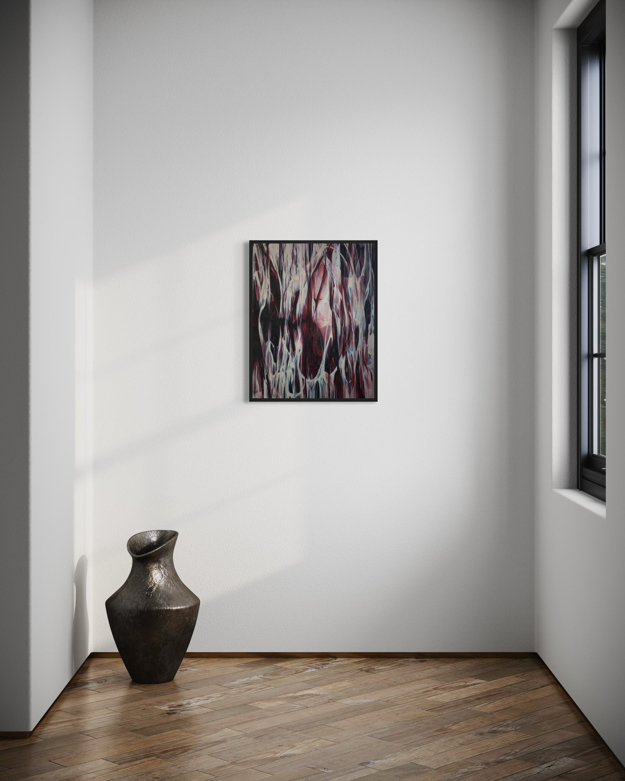 34 Veins is a powerful abstract work that embodies the sensation of mounting pressure. Through layered pigment, tense lines, and muscular forms, the composition appears to contract and tighten