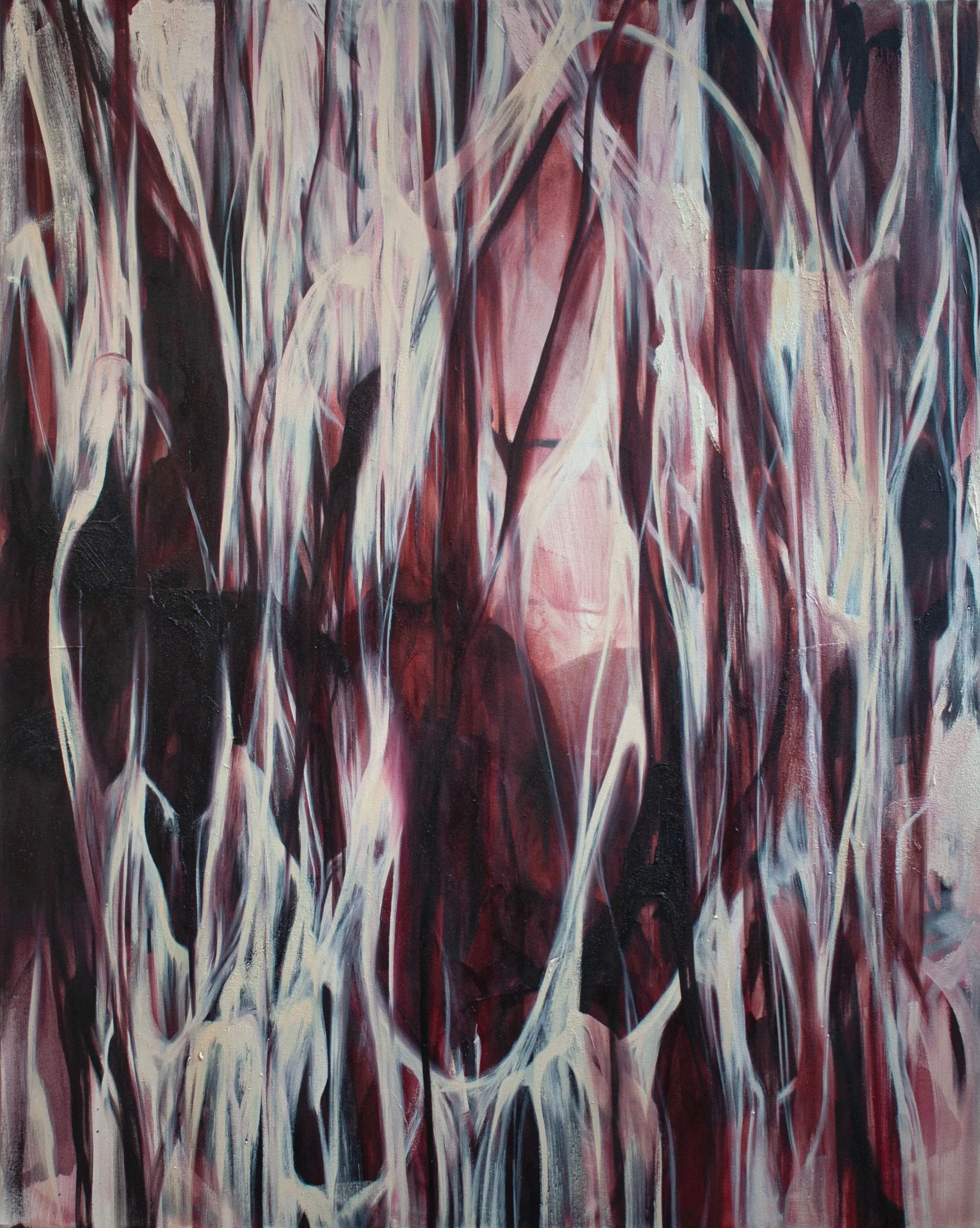 34 Veins is a powerful abstract work that embodies the sensation of mounting pressure. Through layered pigment, tense lines, and muscular forms, the composition appears to contract and tighten