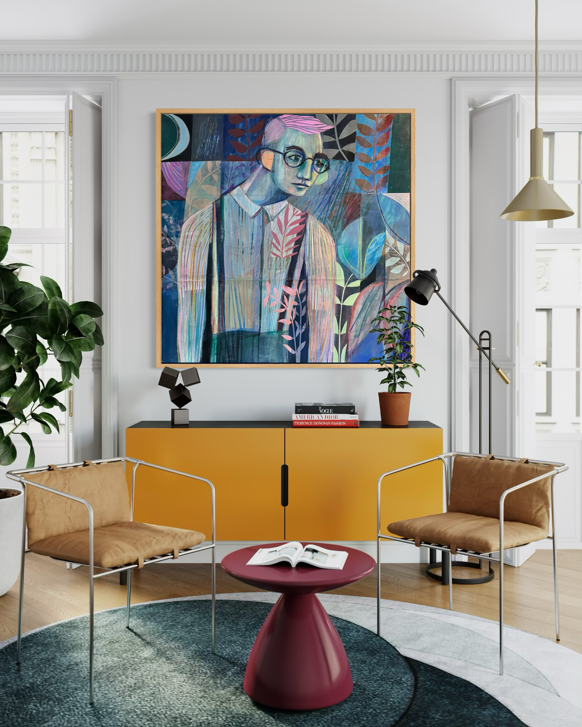 Painfully Shy is a large-scale mixed media work that dissolves the boundaries between figure and ground through a dense tapestry of paper, pattern, and layered surface.