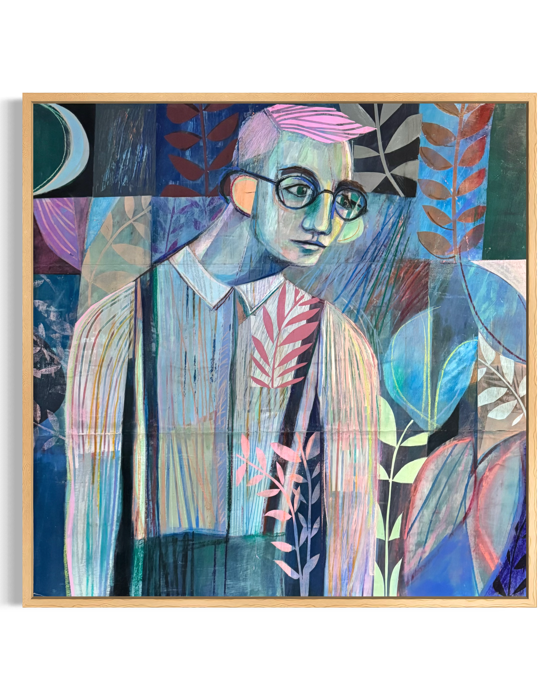 Painfully Shy is a large-scale mixed media work that dissolves the boundaries between figure and ground through a dense tapestry of paper, pattern, and layered surface.