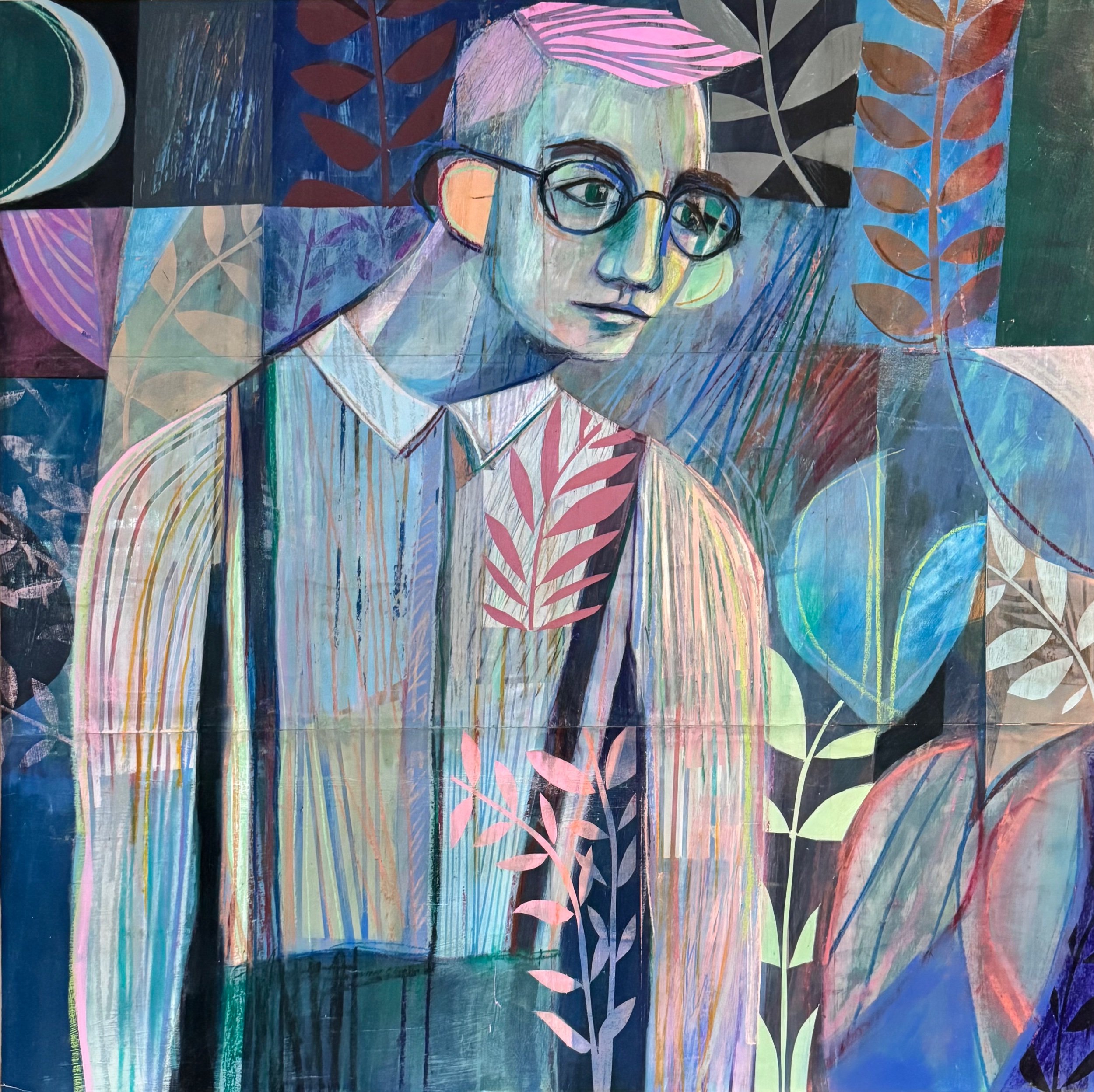 Painfully Shy is a large-scale mixed media work that dissolves the boundaries between figure and ground through a dense tapestry of paper, pattern, and layered surface.