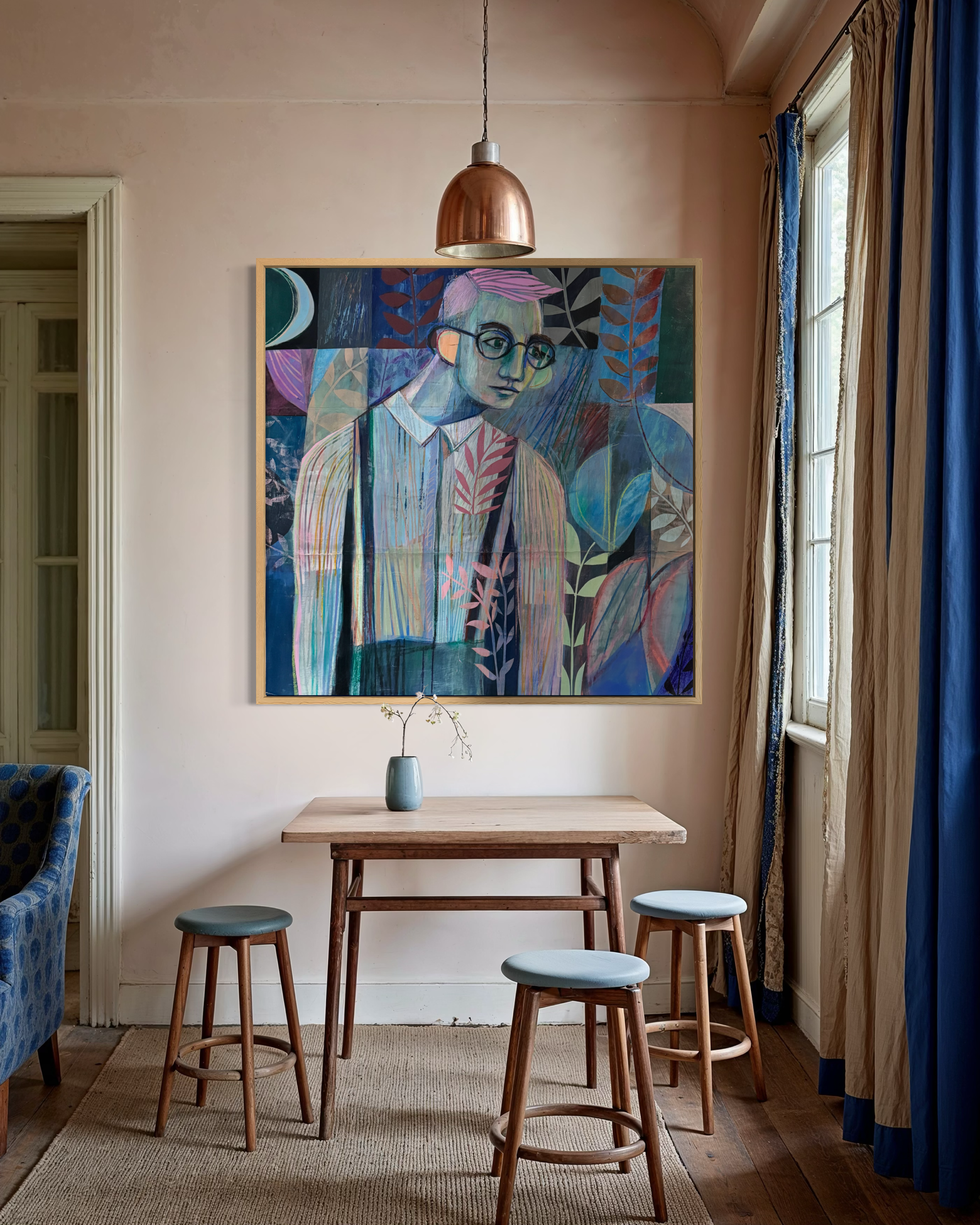 Painfully Shy is a large-scale mixed media work that dissolves the boundaries between figure and ground through a dense tapestry of paper, pattern, and layered surface.