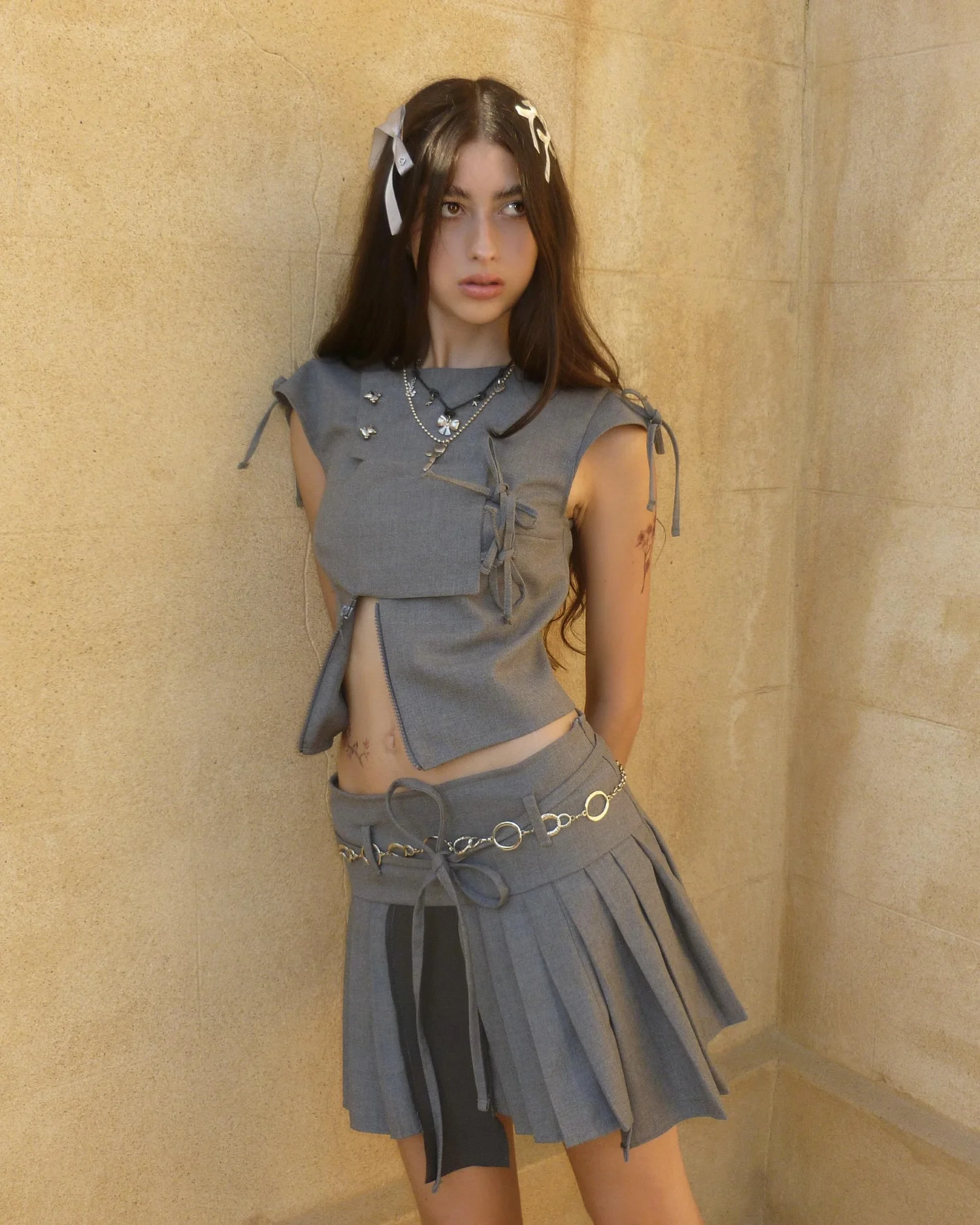 Asymmetric Pleated Mini Skirt - Grey Wool — Freya Mckee 