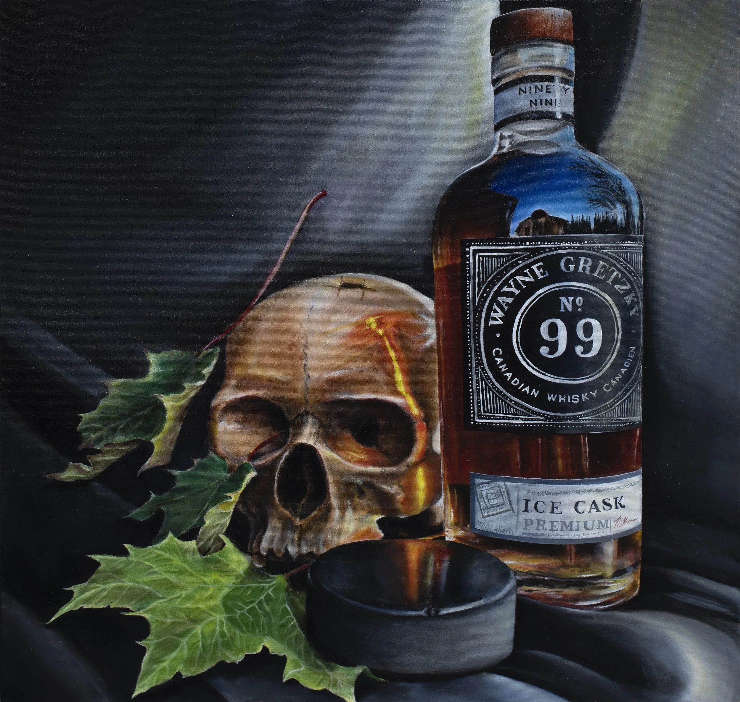 wayne Gretzky ice cask whisky/scotch with hockey puck, maple leafs and a skull  