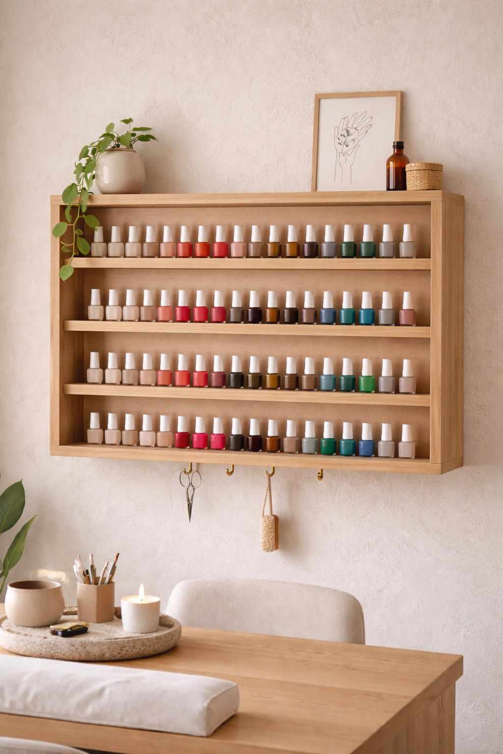 A wall-mounted wooden shelf with four rows of neatly organized nail polish bottles in various colors. The top of the shelf has a potted plant, a framed art print, a small bottle, and a wicker basket. A table below has a stone tray with a candle, a small bowl, a container with brushes, and a remote control.