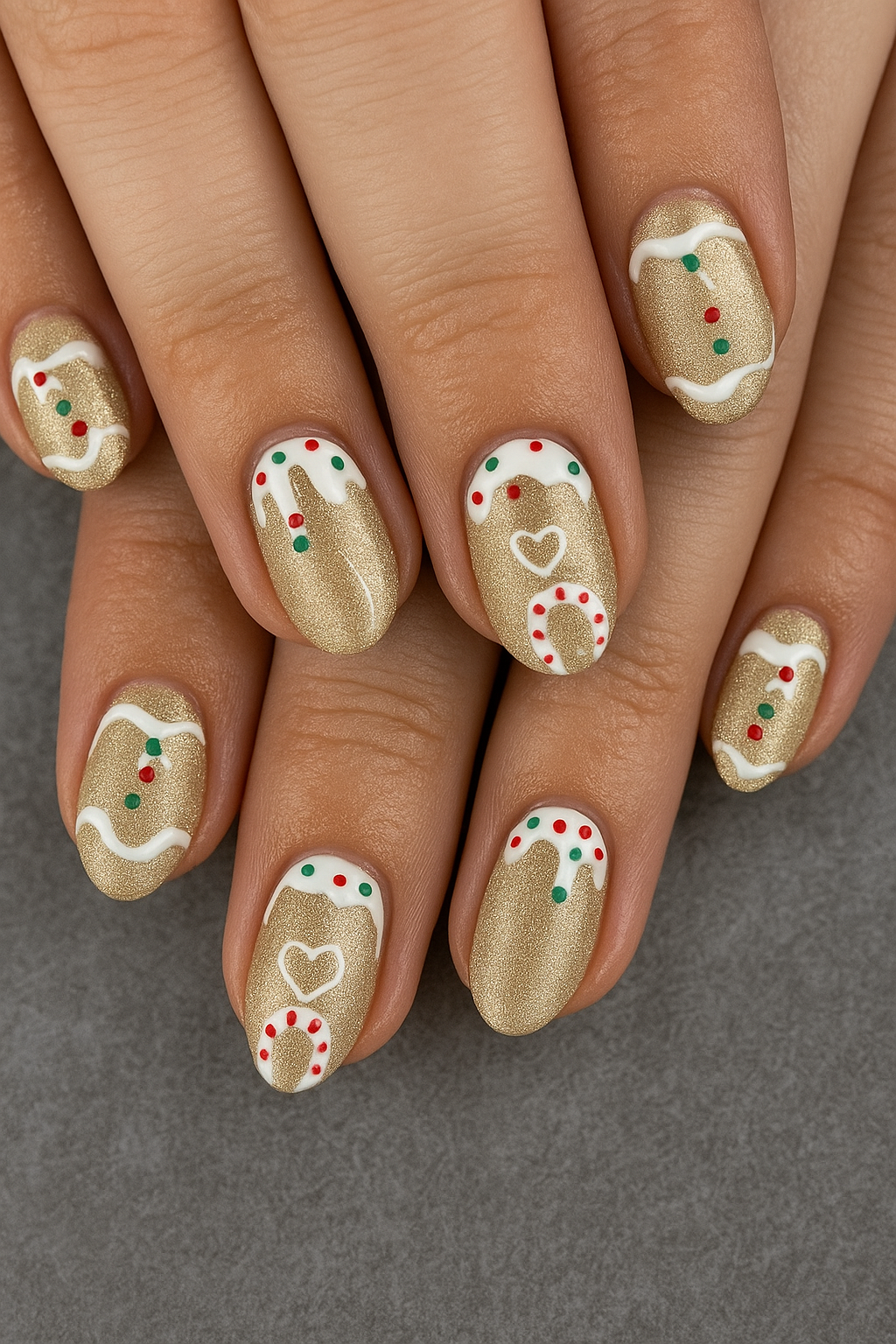 Nail art with gold glitter base, white icing-like lines, red and green dots, and small heart and oval shapes, resembling festive holiday cookies.