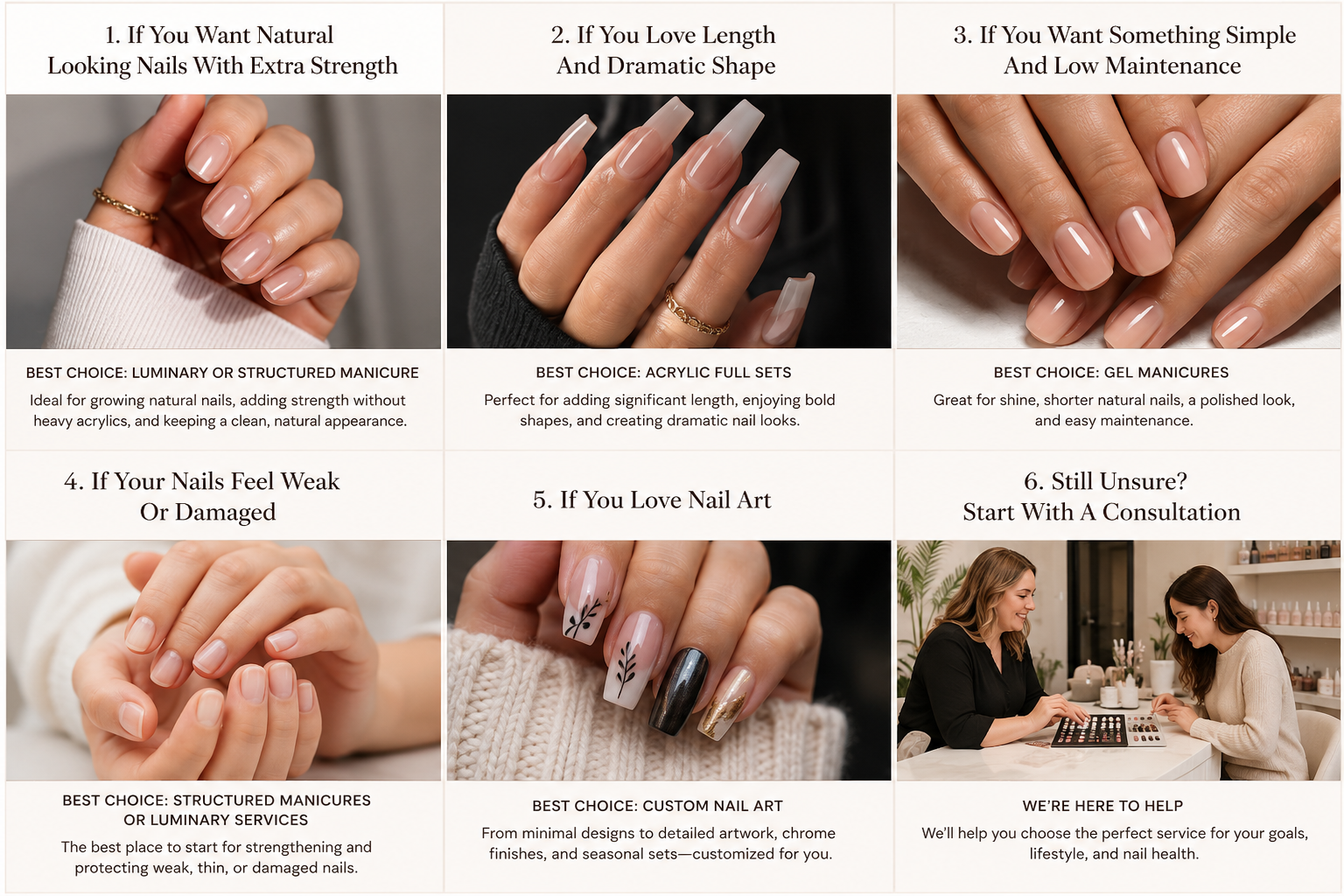 Not sure which nail service is right for you? Learn the difference between Luminary nails, acrylics, gel manicures, structured manicures, and nail art at HVN serving Wooster and Orrville, Ohio.