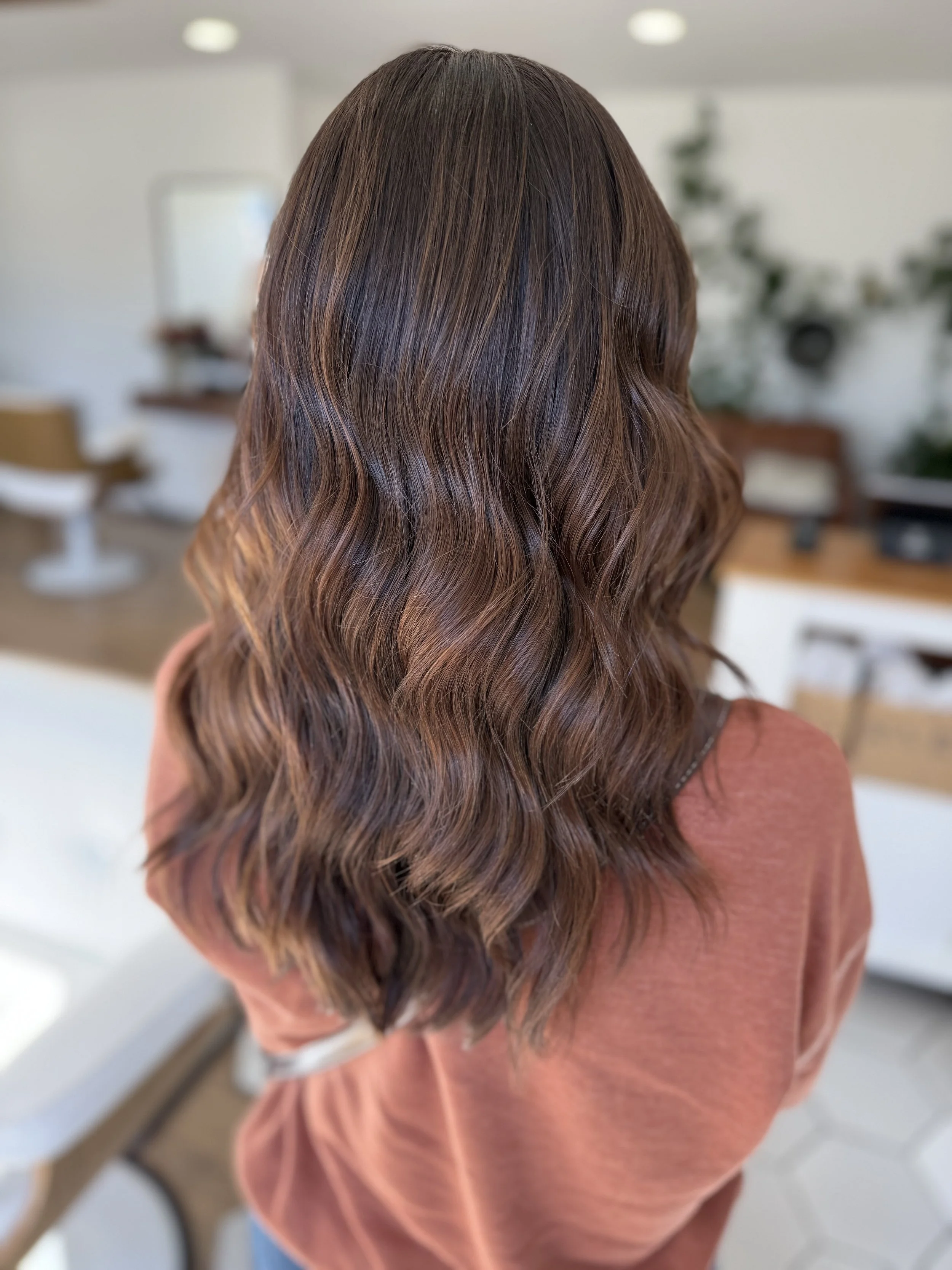 Back of a woman's head showcasing wavy, medium-length brown hair with subtle highlights, in a well-lit indoor space.