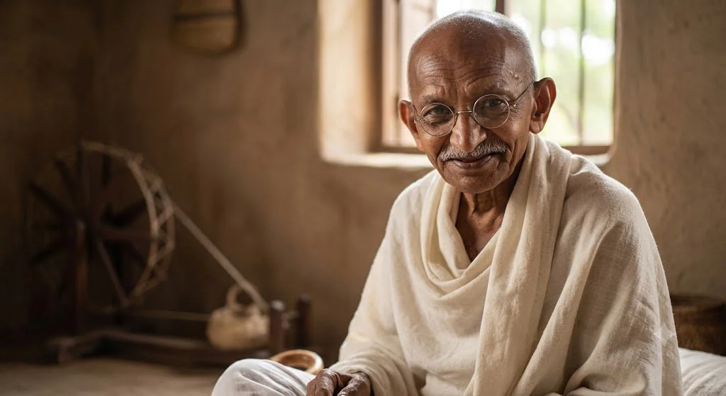 An AI generated portrait of Mahatma Gandhi smiling.