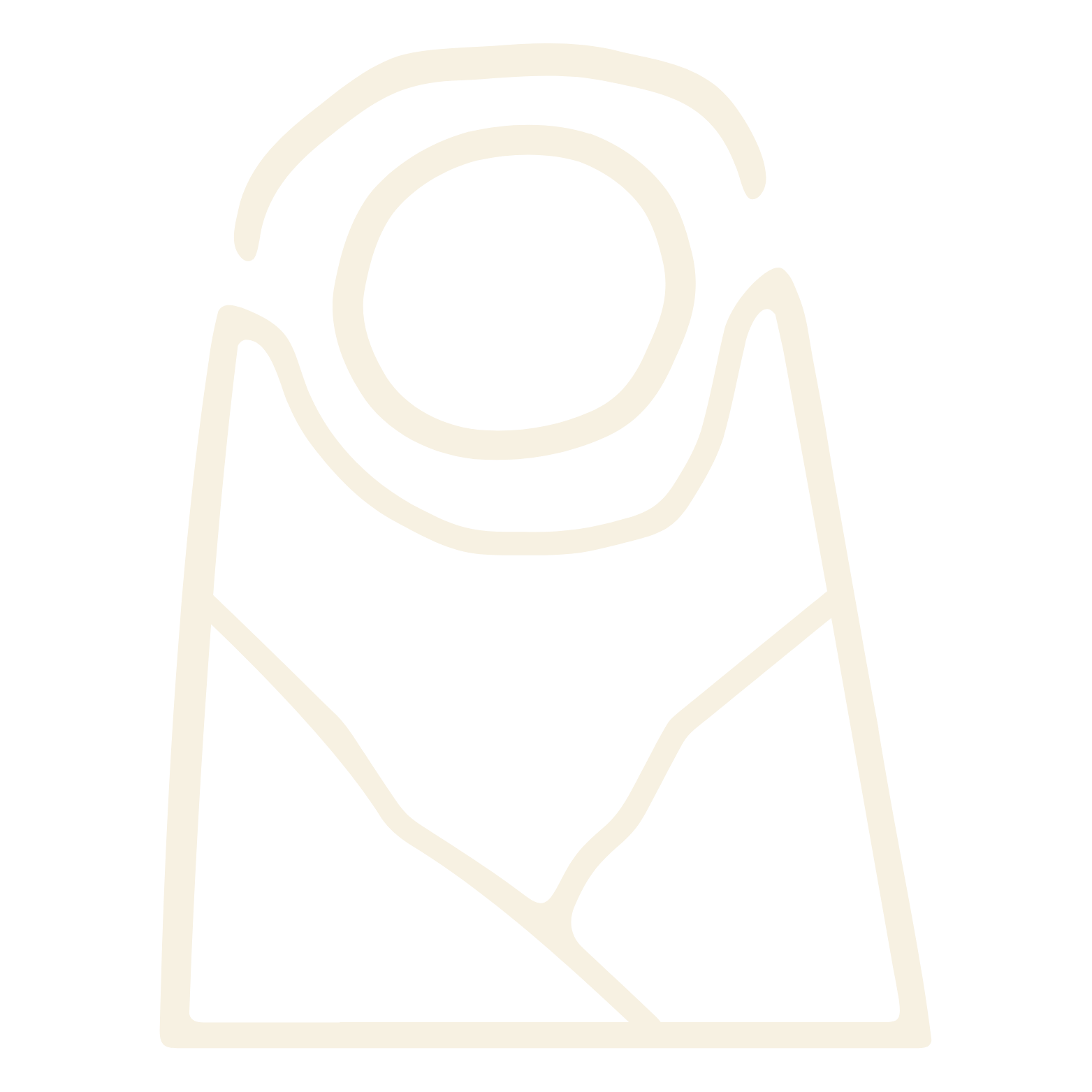 Cream line drawing of a arched shape -- like an ancient stone -- with a rounded sun in the middle