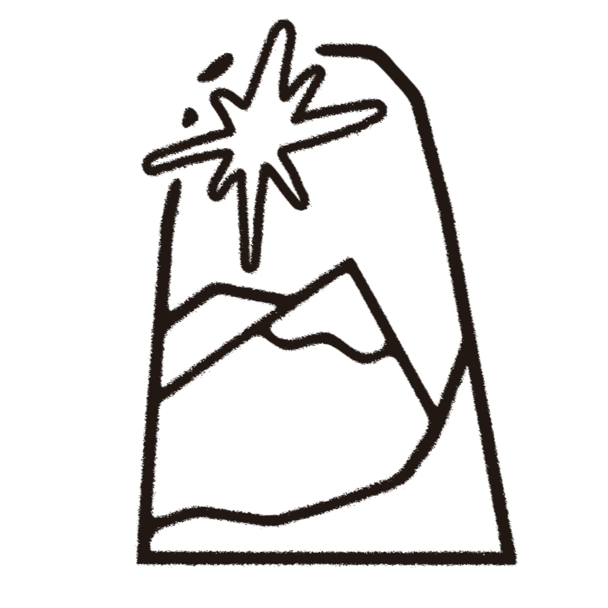 Simple black line drawing of a mountain inside of an arched stone with a star or spark above it -- like a ancient stone.
